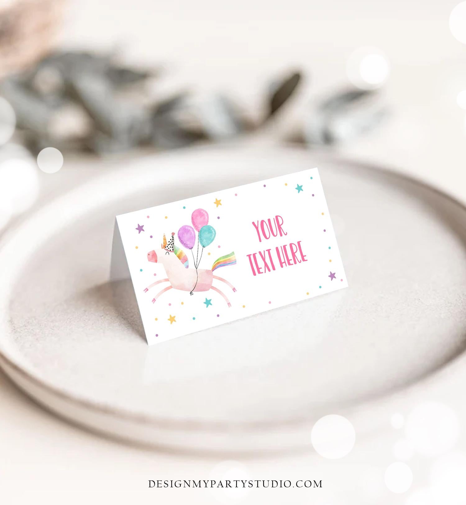 Editable Unicorn Food Labels Magical Rainbow Pink Pastel Girl Birthday Place Card Tent Card Insert Digital Download Template Printable 0336
