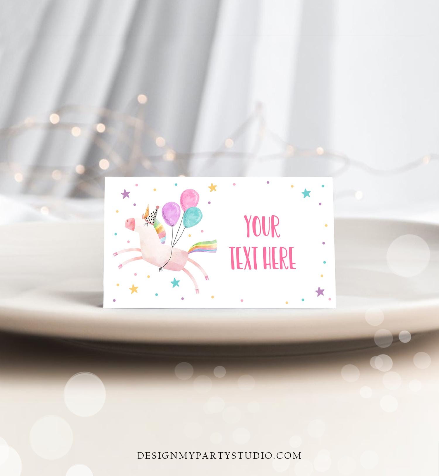 Editable Unicorn Food Labels Magical Rainbow Pink Pastel Girl Birthday Place Card Tent Card Insert Digital Download Template Printable 0336