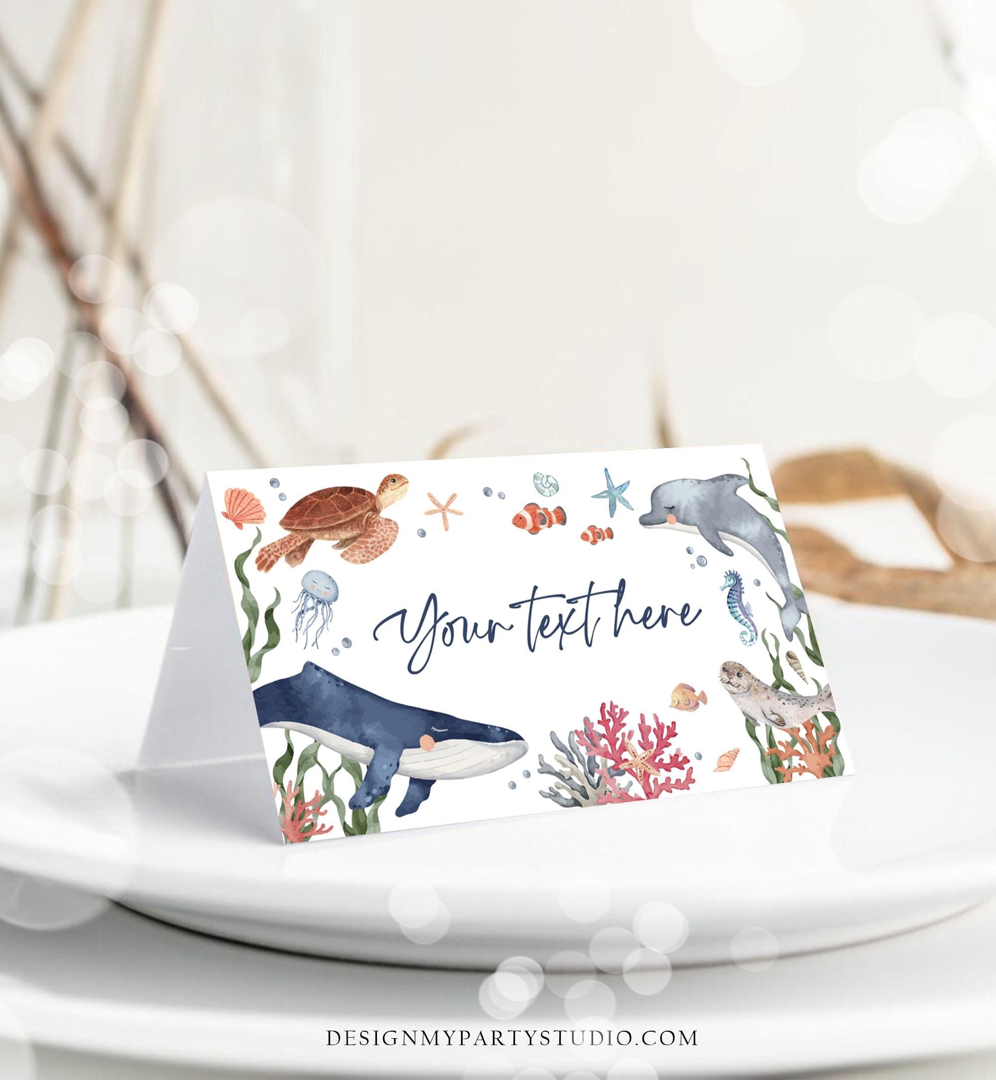 Editable Under the Sea Food Labels Sea Ocean Life Birthday Place Card Tent Card Insert Card Whale Turtle Dolphin Template Printable 0504