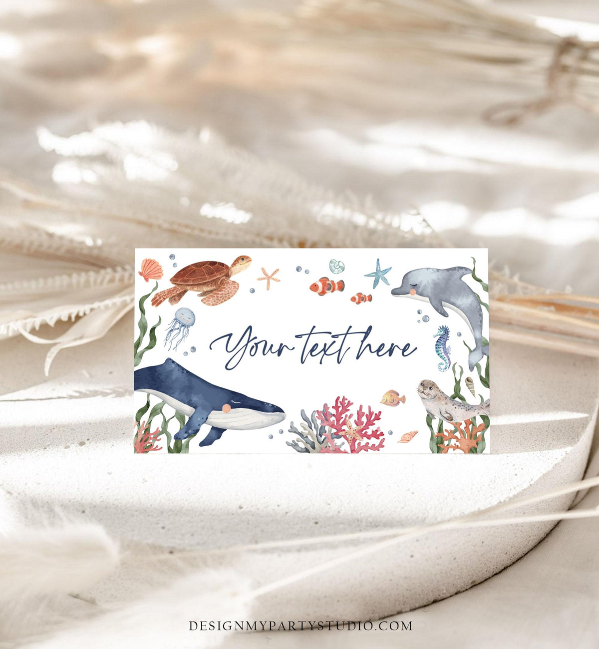 Editable Under the Sea Food Labels Sea Ocean Life Birthday Place Card Tent Card Insert Card Whale Turtle Dolphin Template Printable 0504