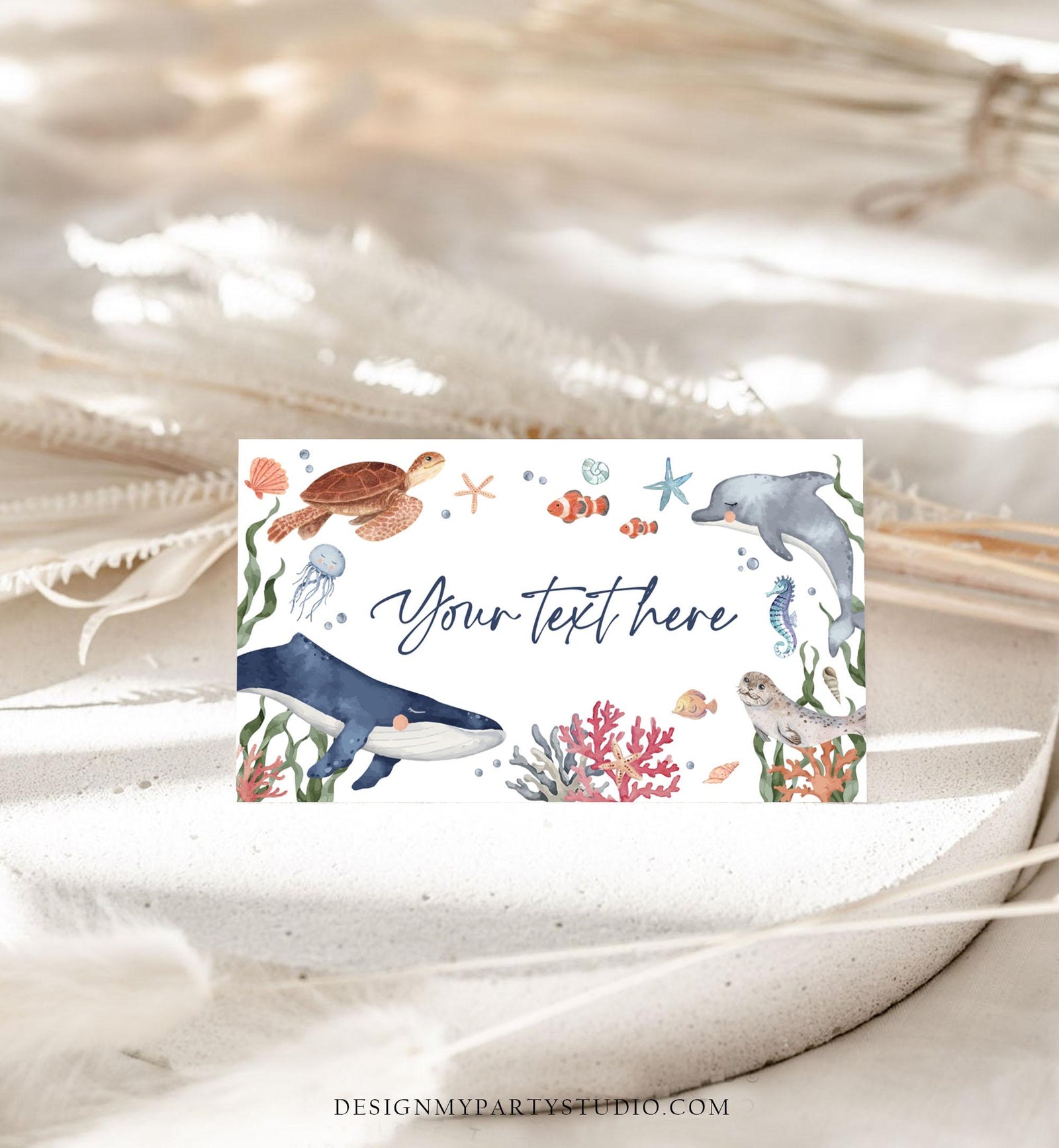 Editable Under the Sea Food Labels Sea Ocean Life Birthday Place Card Tent Card Insert Card Whale Turtle Dolphin Template Printable 0504