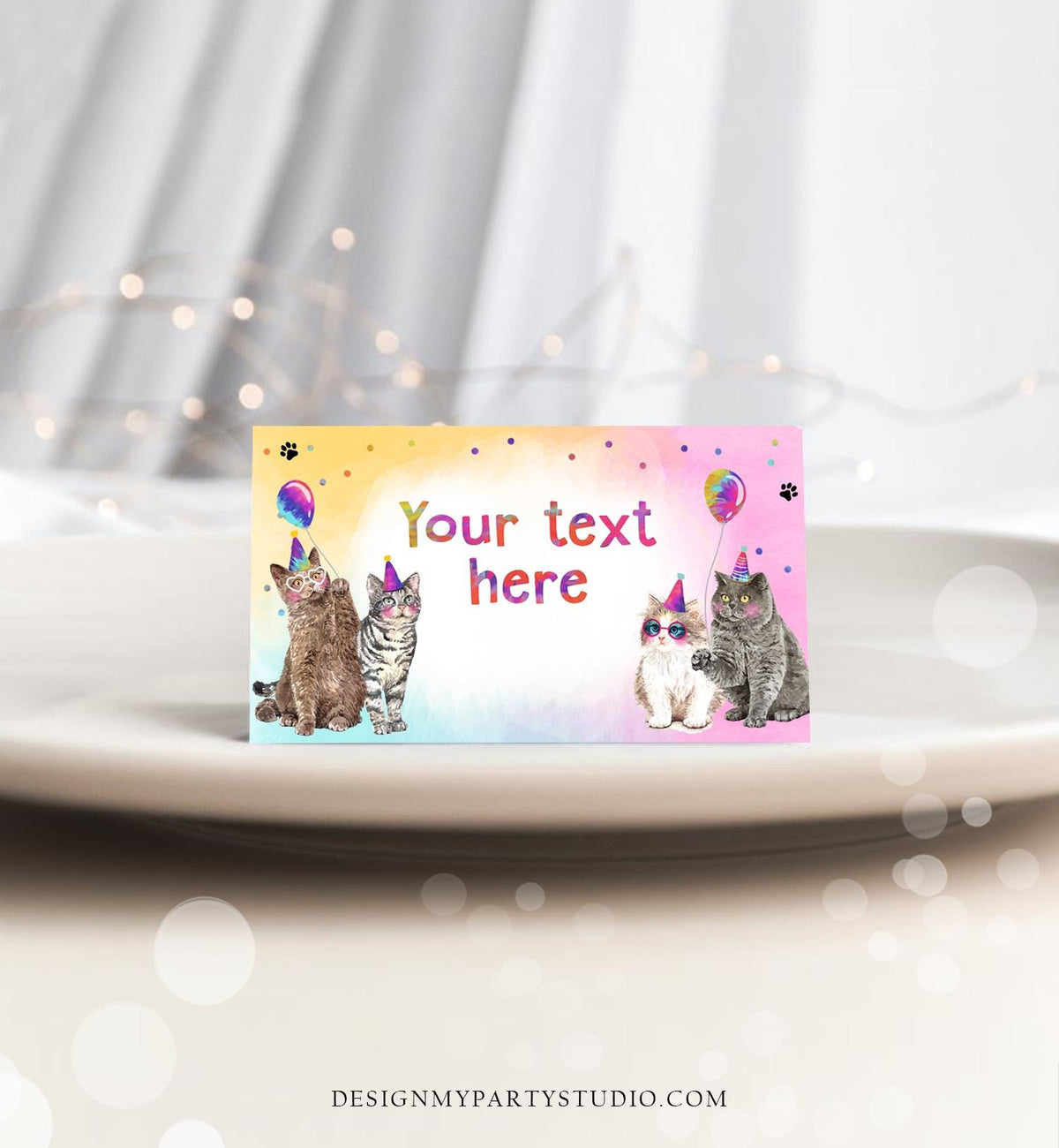 Editable Cats Food Label Kitten Birthday Place Card Tent Card Kitten Pawty Pet Party Animals Girl Digital Download Template Printable 0460