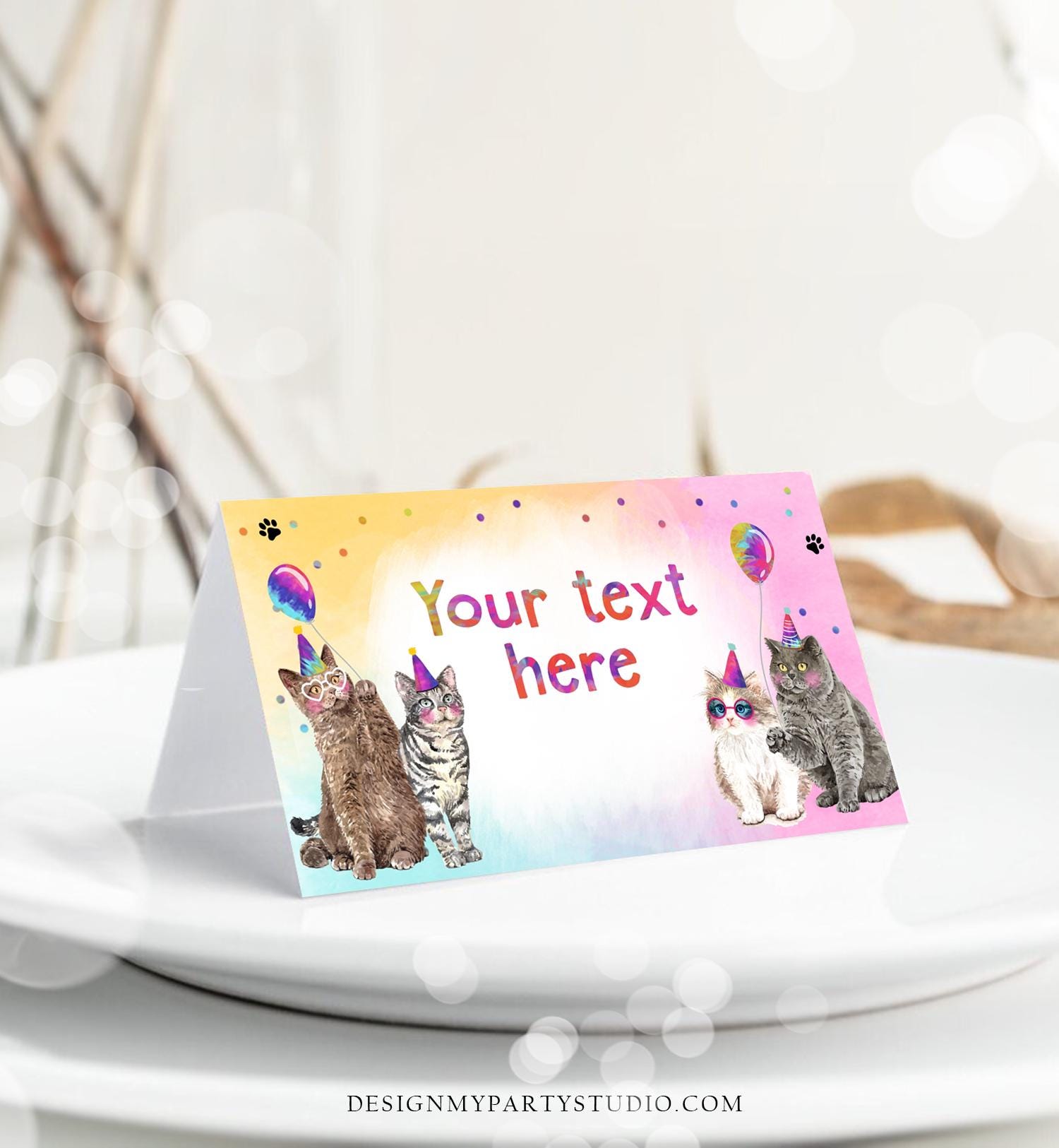 Editable Cats Food Label Kitten Birthday Place Card Tent Card Kitten Pawty Pet Party Animals Girl Digital Download Template Printable 0460