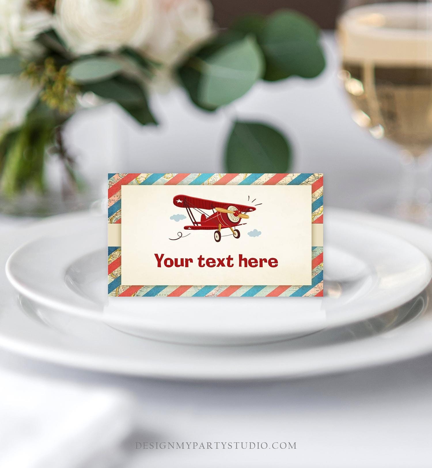 Editable Airplane Food Labels Vintage Airplane Birthday Party Place Card Tent Card Insert Boy Aircraft Plane Sky Red Template Printable 0011
