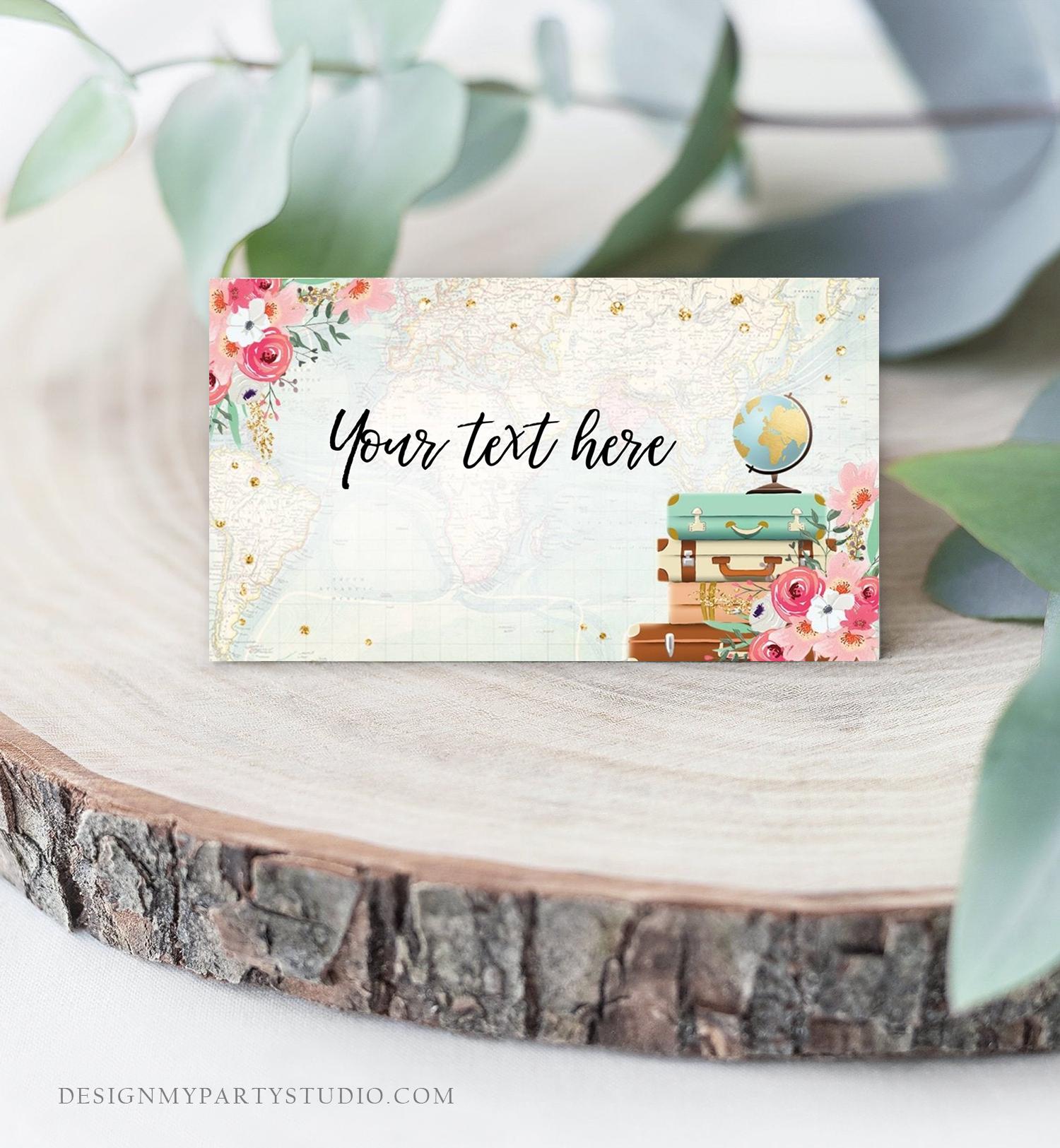 Editable Travel Adventure Food Label Place Card Traveling to Mrs Tent Card Insert Bridal Shower Pink Floral Digital Template Printable 0030