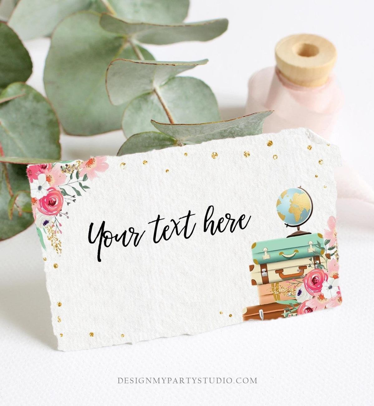 Editable Travel Adventure Food Label Place Card Traveling to Mrs Tent Card Insert Bridal Shower Pink Floral Digital Template Printable 0030