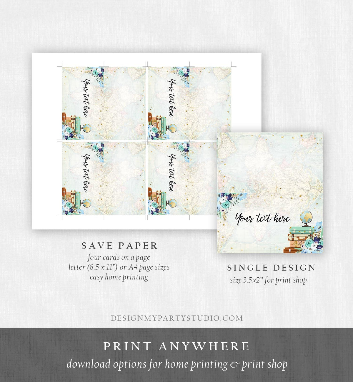 Editable Travel Adventure Food Label Place Card Tent Card Insert Bridal Shower Blue Floral Gold Digital Download Template Printable 0030