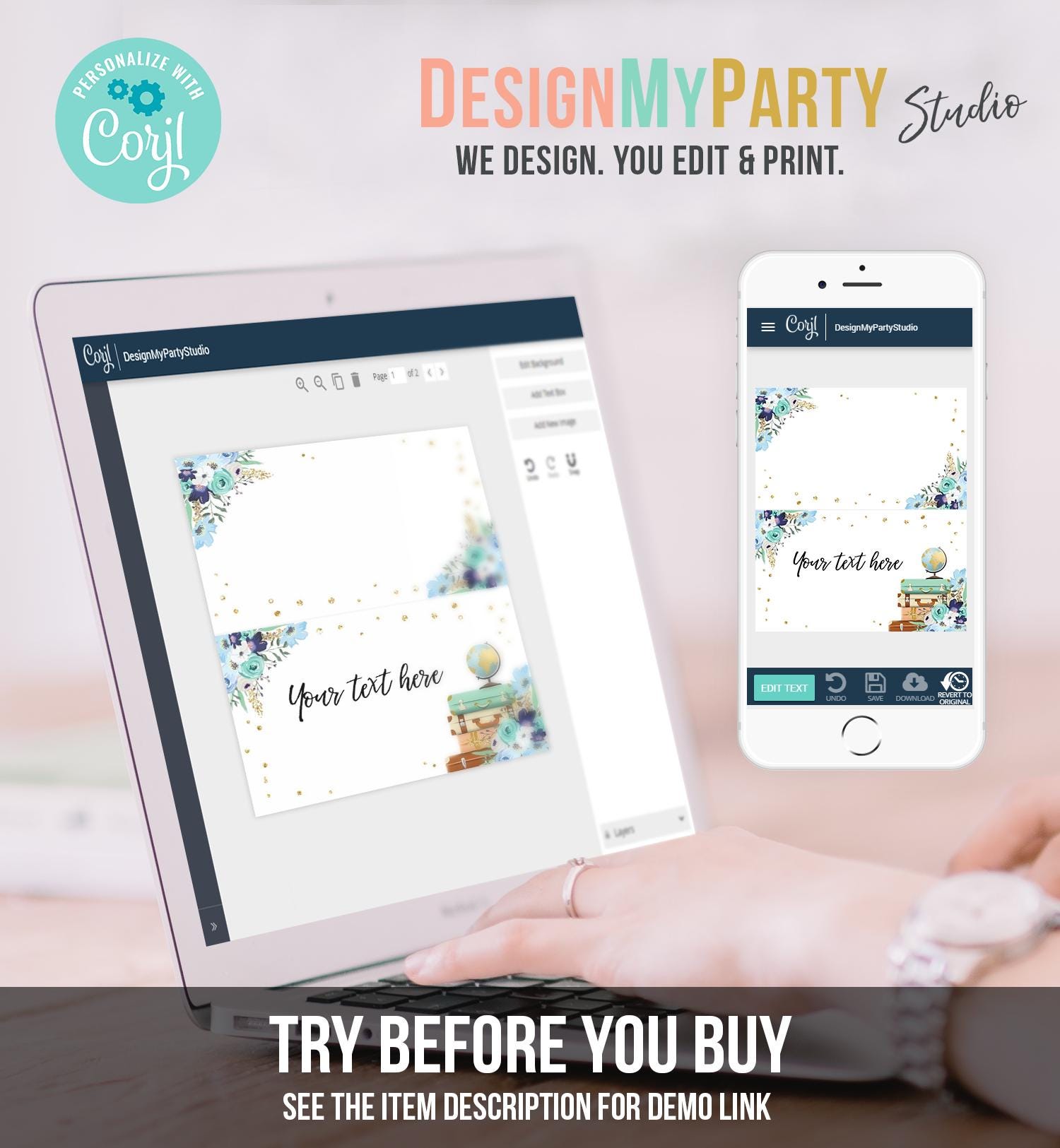 Editable Travel Adventure Food Labels Place Card Tent Card Insert Card Bridal Shower Blue Floral Digital Download Template Printable 0030