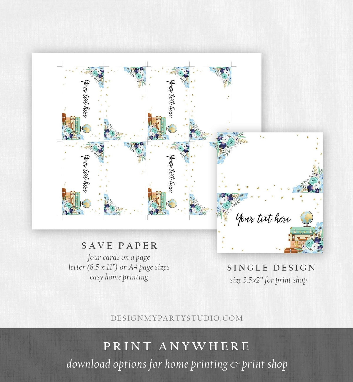 Editable Travel Adventure Food Labels Place Card Tent Card Insert Card Bridal Shower Blue Floral Digital Download Template Printable 0030