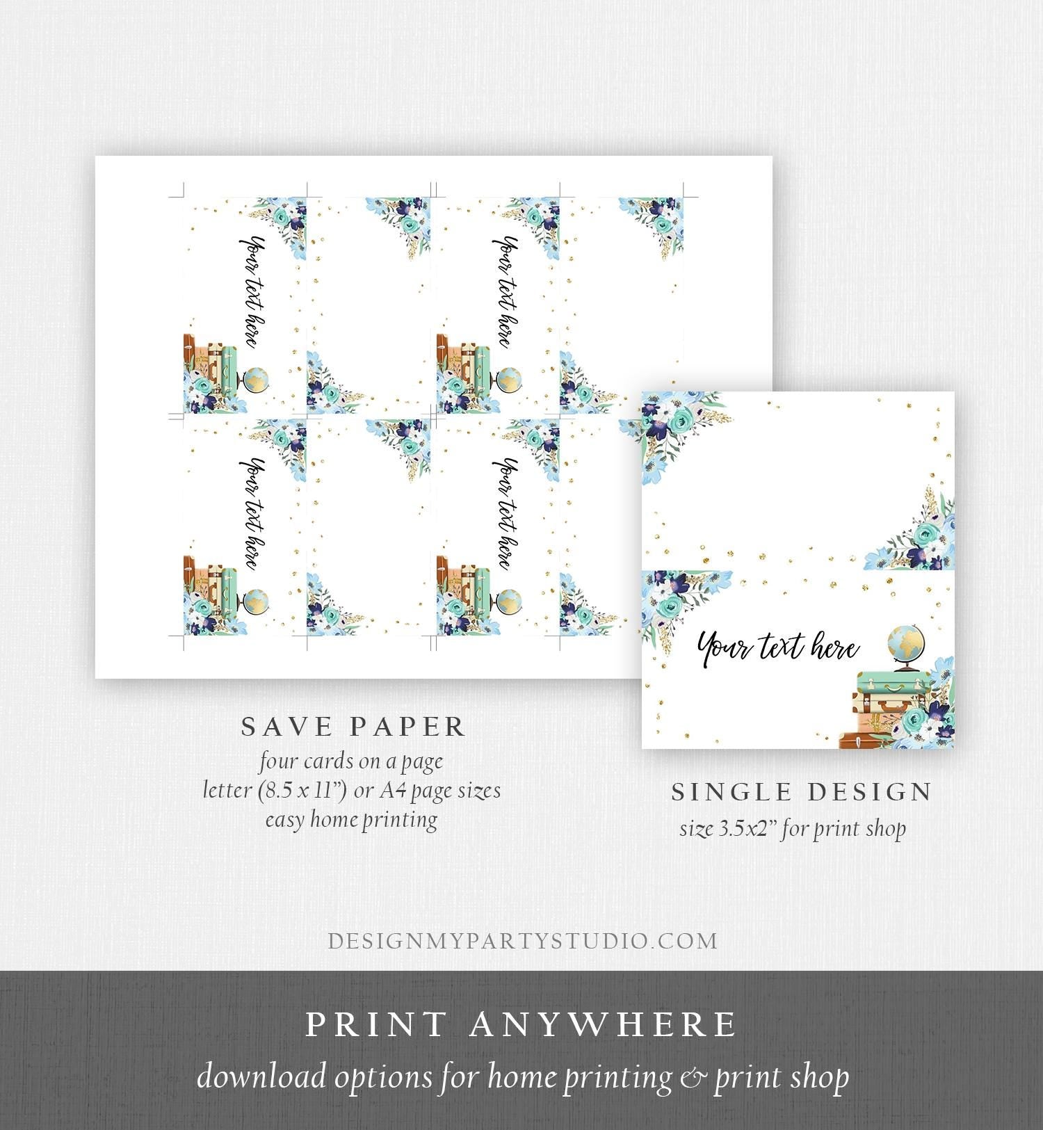 Editable Travel Adventure Food Labels Place Card Tent Card Insert Card Bridal Shower Blue Floral Digital Download Template Printable 0030