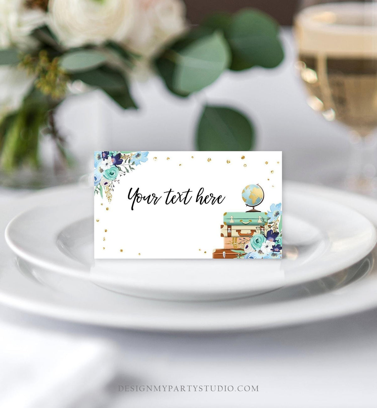 Editable Travel Adventure Food Labels Place Card Tent Card Insert Card Bridal Shower Blue Floral Digital Download Template Printable 0030