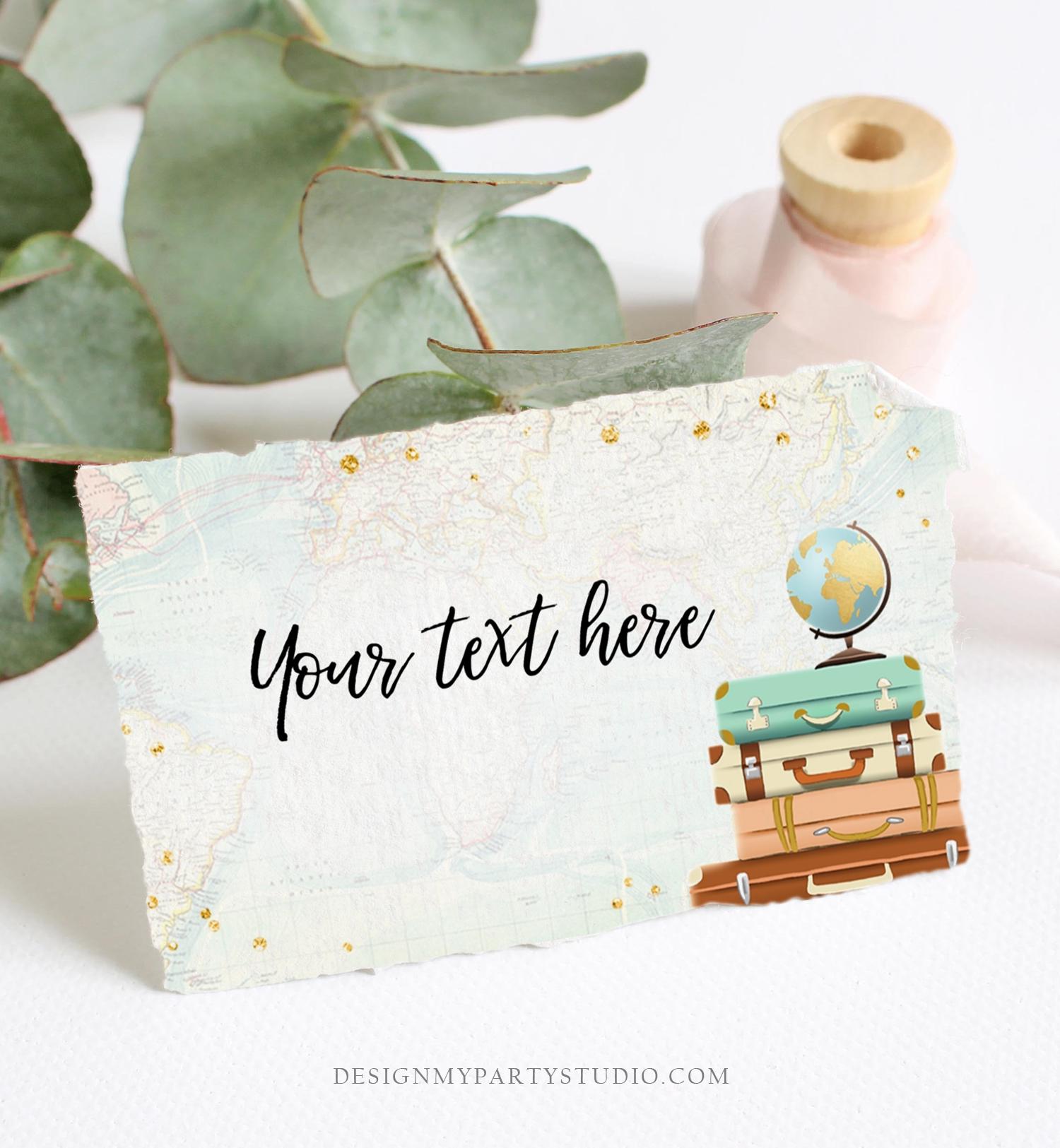 Editable Travel Adventure Food Labels Place Card Tent Card Insert Card Bridal Shower Suitcases Gold Confetti Digital Template Printable 0263