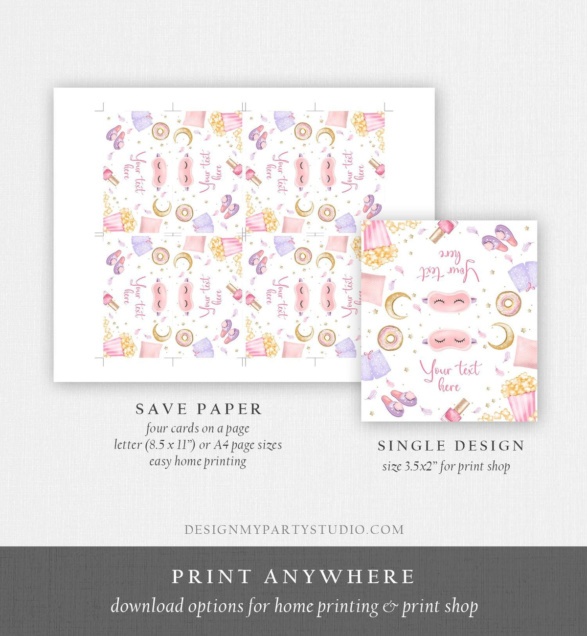 Editable Sleepover Food Label Slumber Party Place Tent Card Sleep Over Pizza Pajamas Digital Download Template Printable 0447