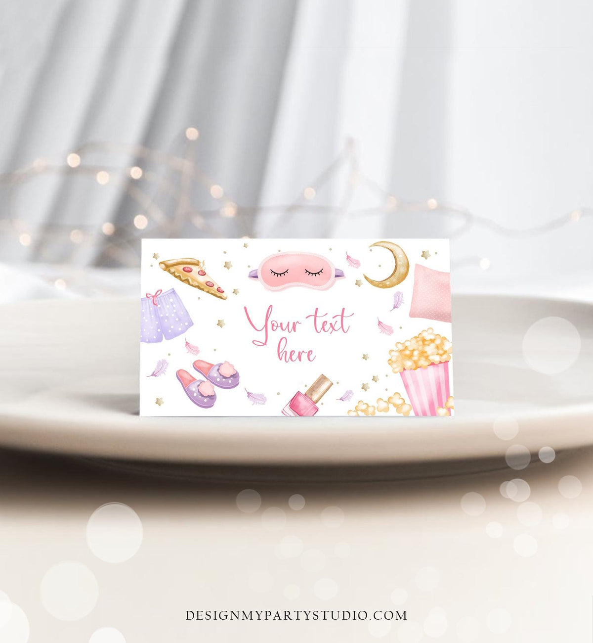 Editable Sleepover Food Labels Slumber Party Place Card Tent Card Insert Card Sleep Over Pizza Pajamas Girl Digital Template Printable 0447