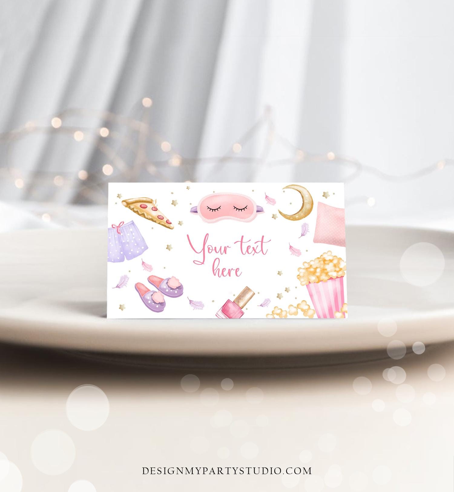 Editable Sleepover Food Labels Slumber Party Place Card Tent Card Insert Card Sleep Over Pizza Pajamas Girl Digital Template Printable 0447