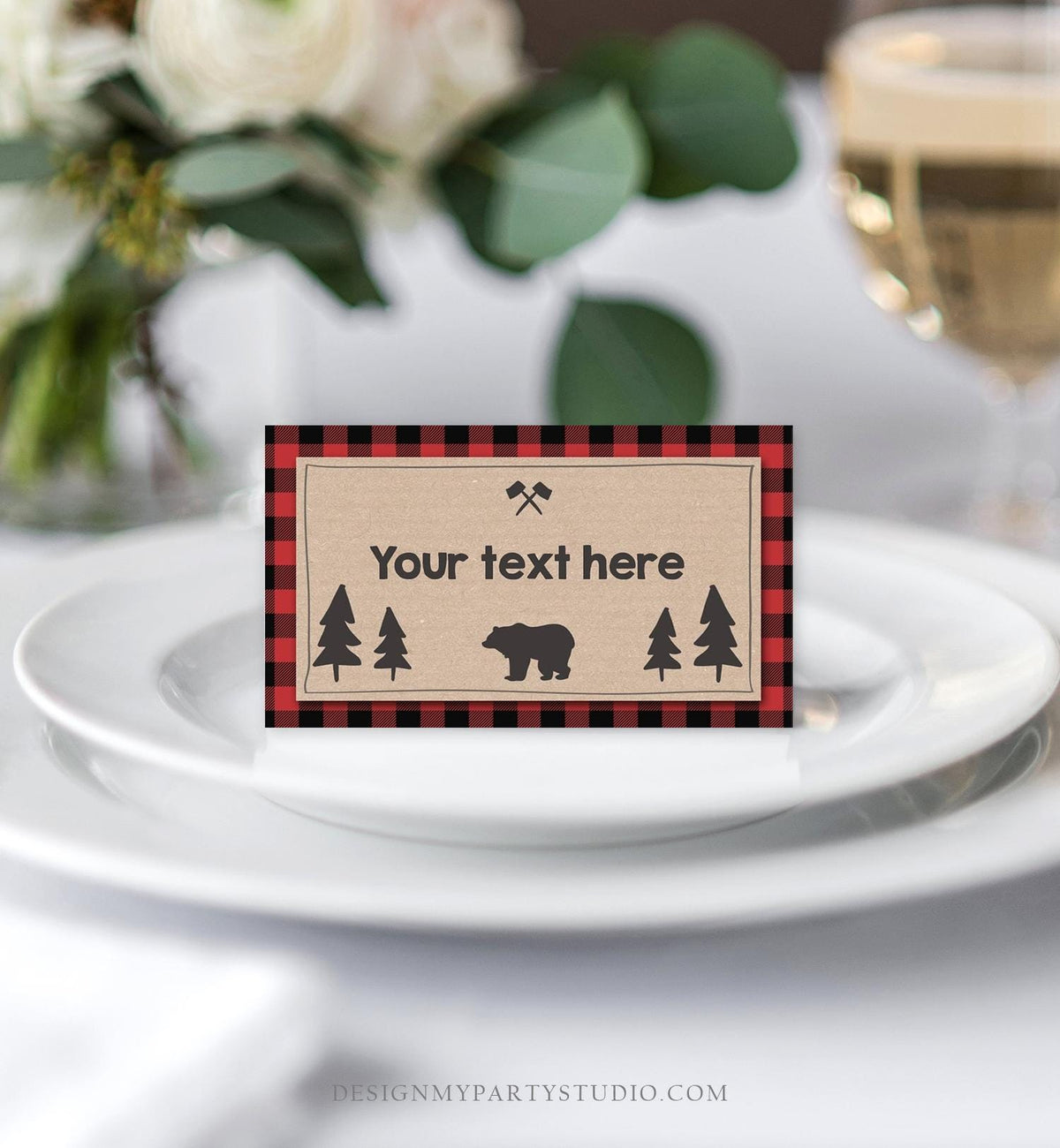 Editable Food Labels Lumberjack Birthday Wild One Buffalo Plaid Place Card Tent Card Bear Woodland Rustic Template Printable 0026