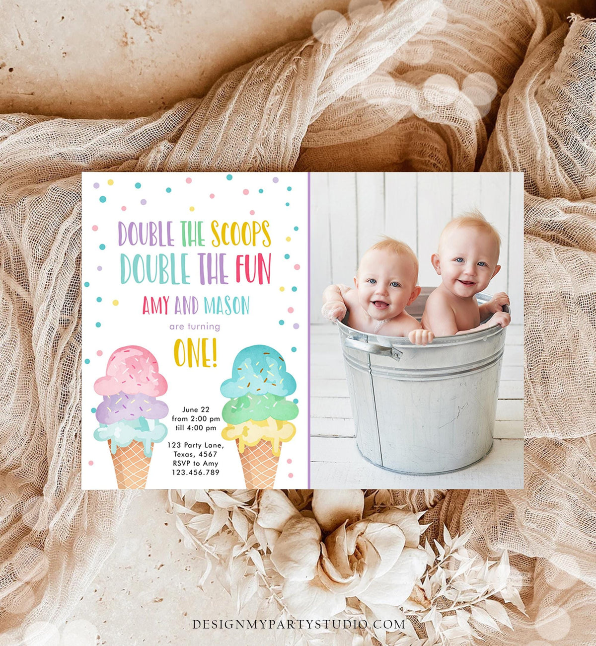 Editable Twin Ice Cream Birthday Invitation First Birthday Double the Scoops Double Fun Twins Purple Joint Digital Template Printable 0243