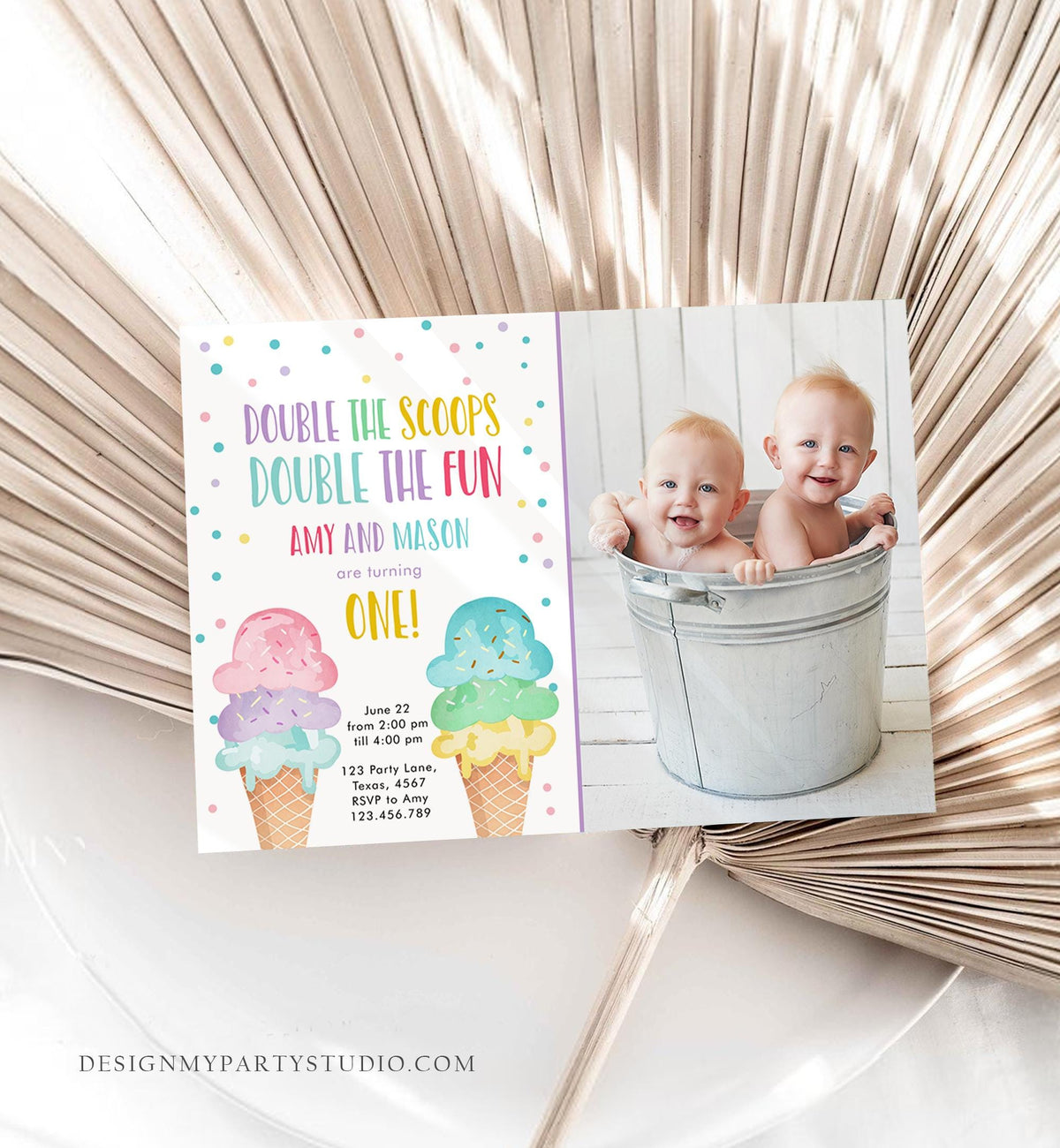 Editable Twin Ice Cream Birthday Invitation First Birthday Double the Scoops Double Fun Twins Purple Joint Digital Template Printable 0243