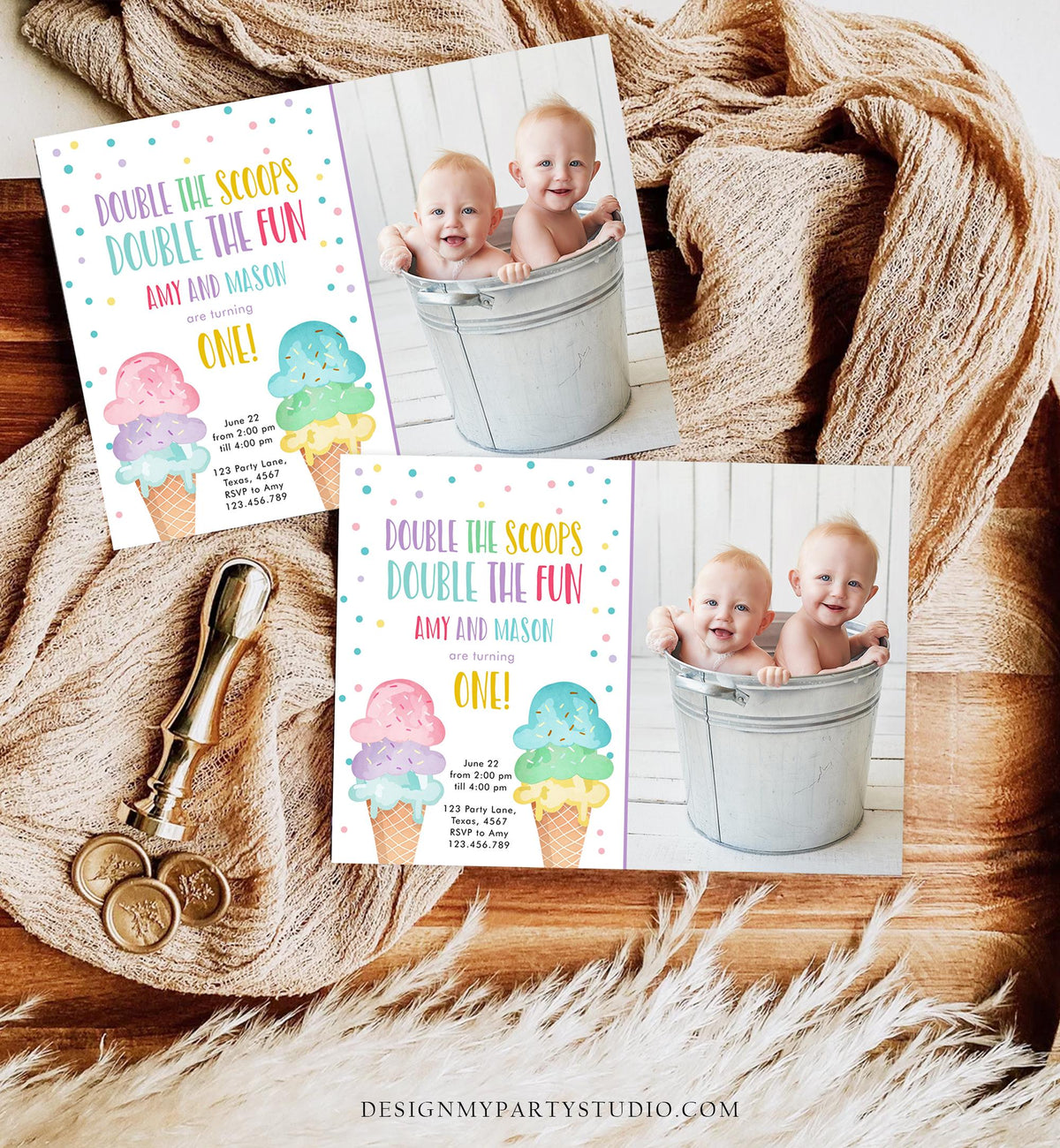 Editable Twin Ice Cream Birthday Invitation First Birthday Double the Scoops Double Fun Twins Purple Joint Digital Template Printable 0243