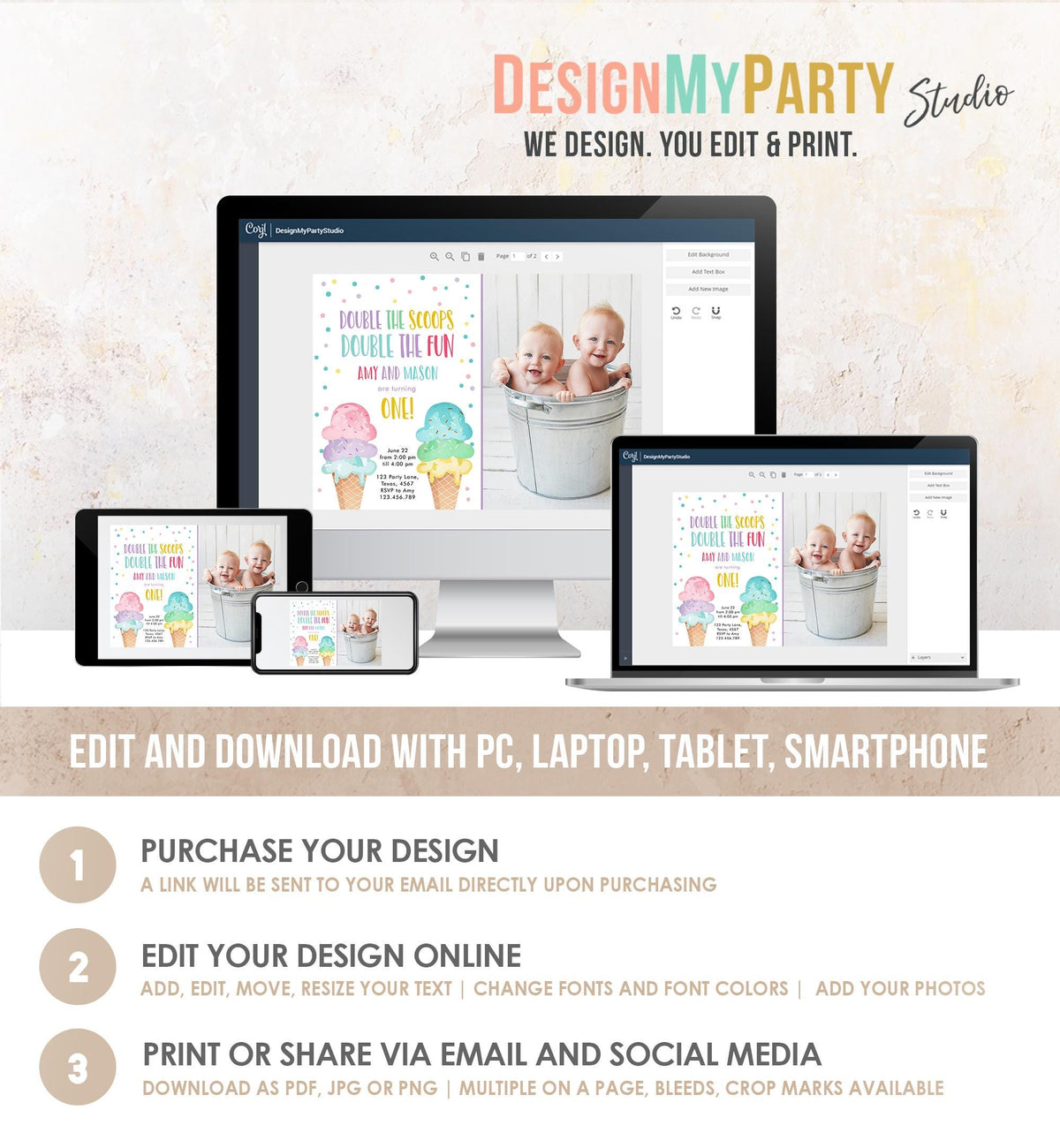 Editable Twin Ice Cream Birthday Invitation First Birthday Double the Scoops Double Fun Twins Purple Joint Digital Template Printable 0243