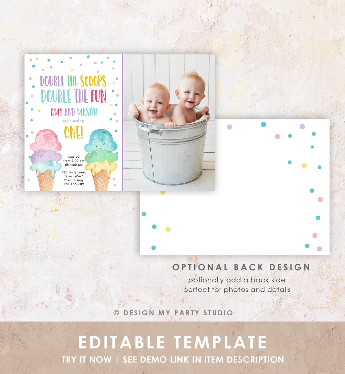 Editable Twin Ice Cream Birthday Invitation First Birthday Double the Scoops Double Fun Twins Purple Joint Digital Template Printable 0243