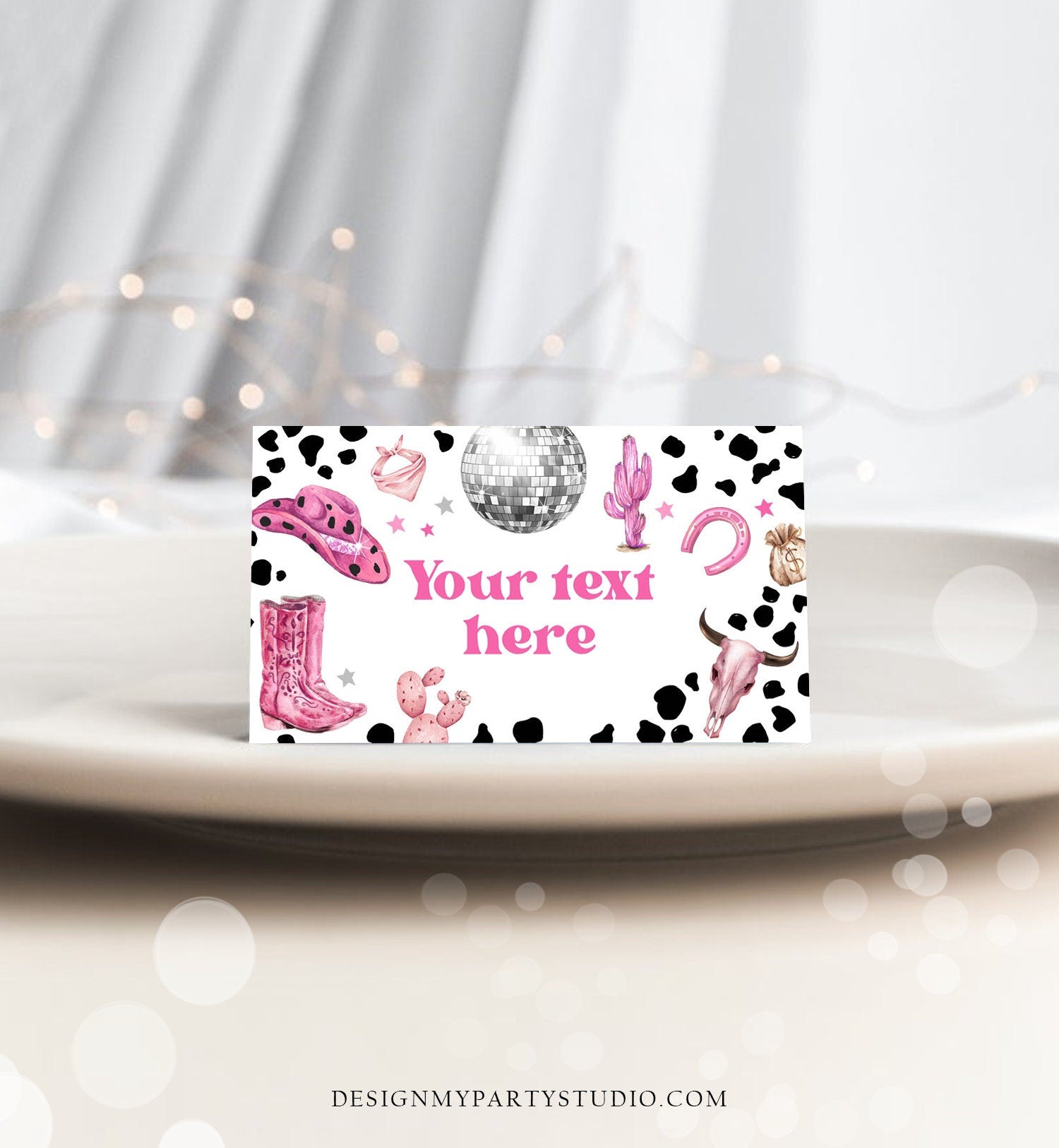 Editable Space Cowgirl Food Label Disco Cowgirl Birthday Food Cards Tent Card Girl Pink Nashville Rodeo Buffet Label Template Printable 0455