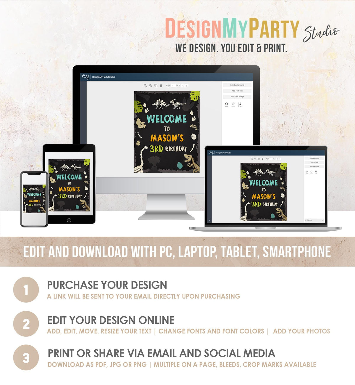 Editable Fossil Dinosaur Welcome Sign Boy Dino Dig Party Dinosaur Prehistoric Sign Table Sign Digital Download Template Printable 0269