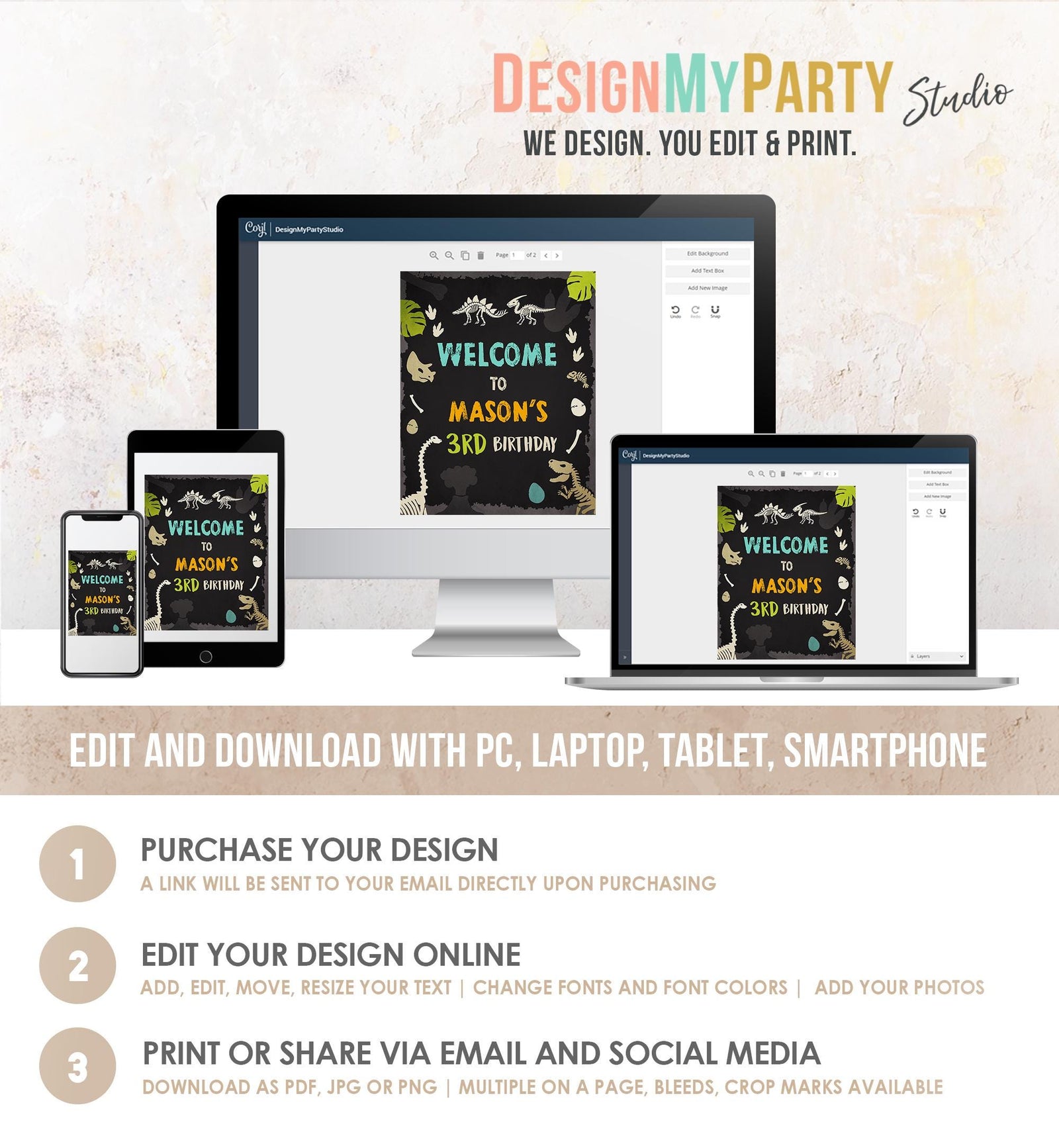 Editable Fossil Dinosaur Welcome Sign Boy Dino Dig Party Dinosaur Prehistoric Sign Table Sign Digital Download Template Printable 0269