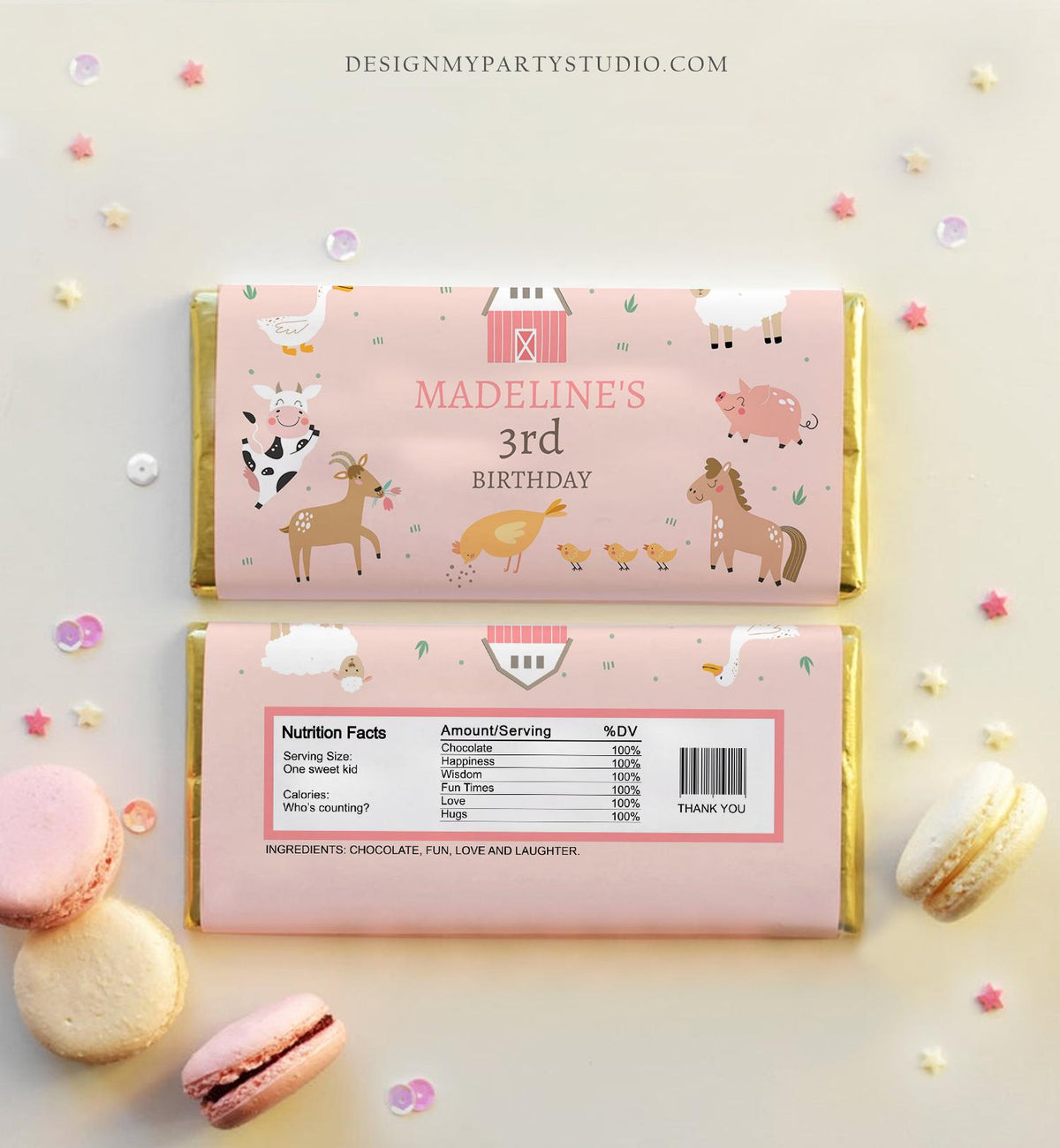 Editable Candy Bar Wrapper Farm Animals Birthday Candy Wrapper Party Animals Favors Party Girl Barnyard Thank You Template Printable 0436