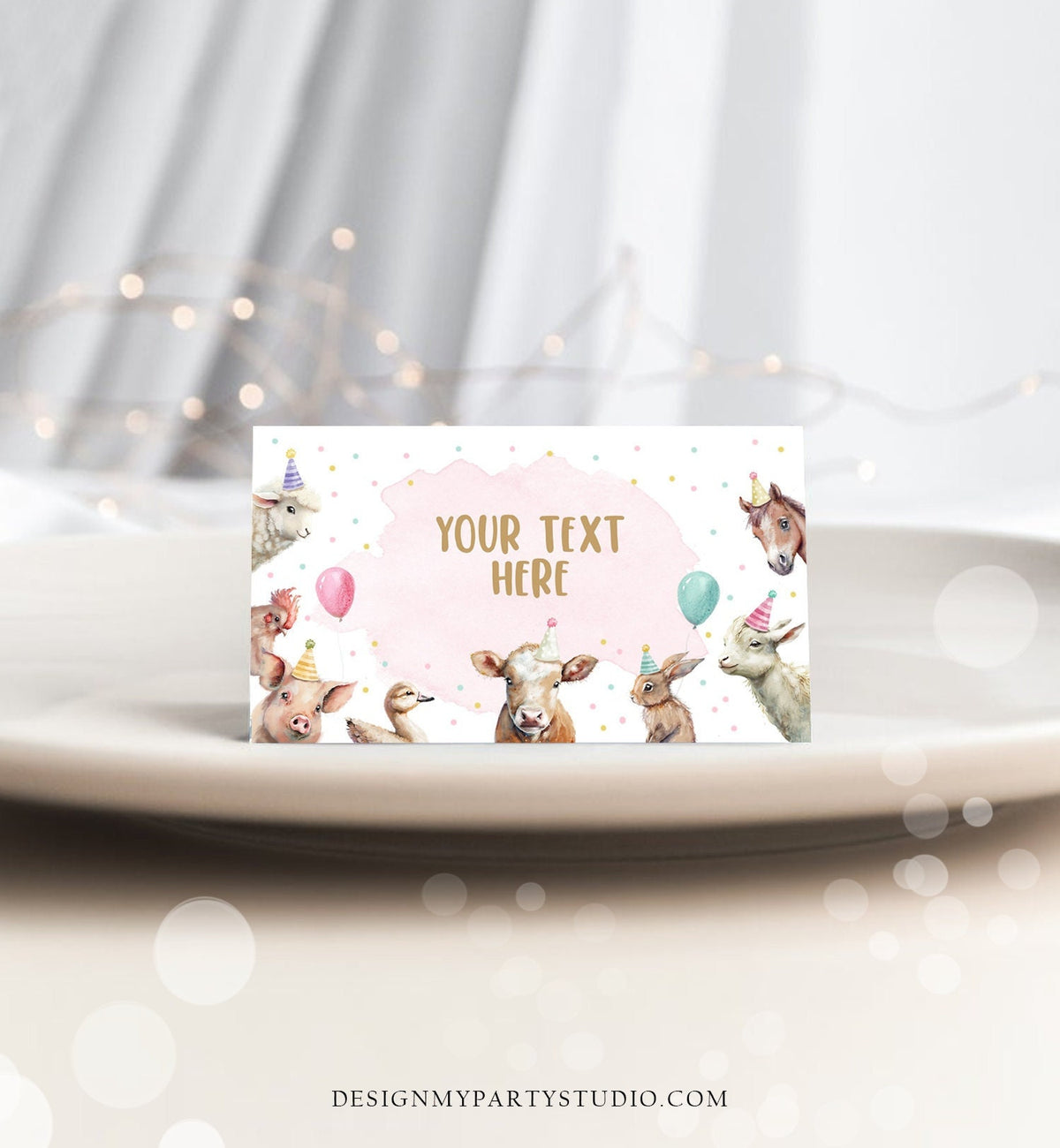 Editable Farm Animals Food Label Barnyard Birthday Name Place Tent Card Girl Pink Farm Cow Buffet Party Animals Template Printable 0448