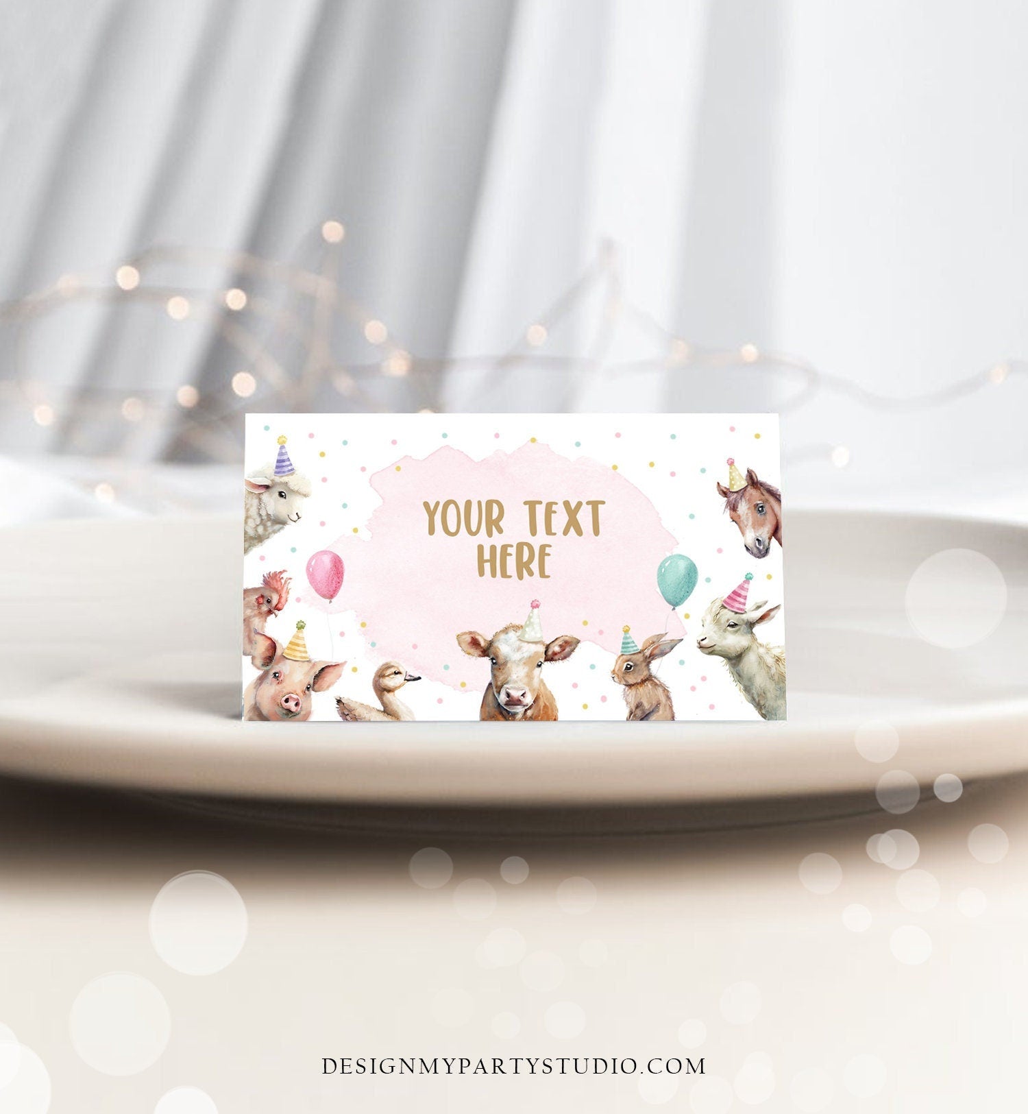 Editable Farm Animals Food Label Barnyard Birthday Name Place Tent Card Girl Pink Farm Cow Buffet Party Animals Template Printable 0448