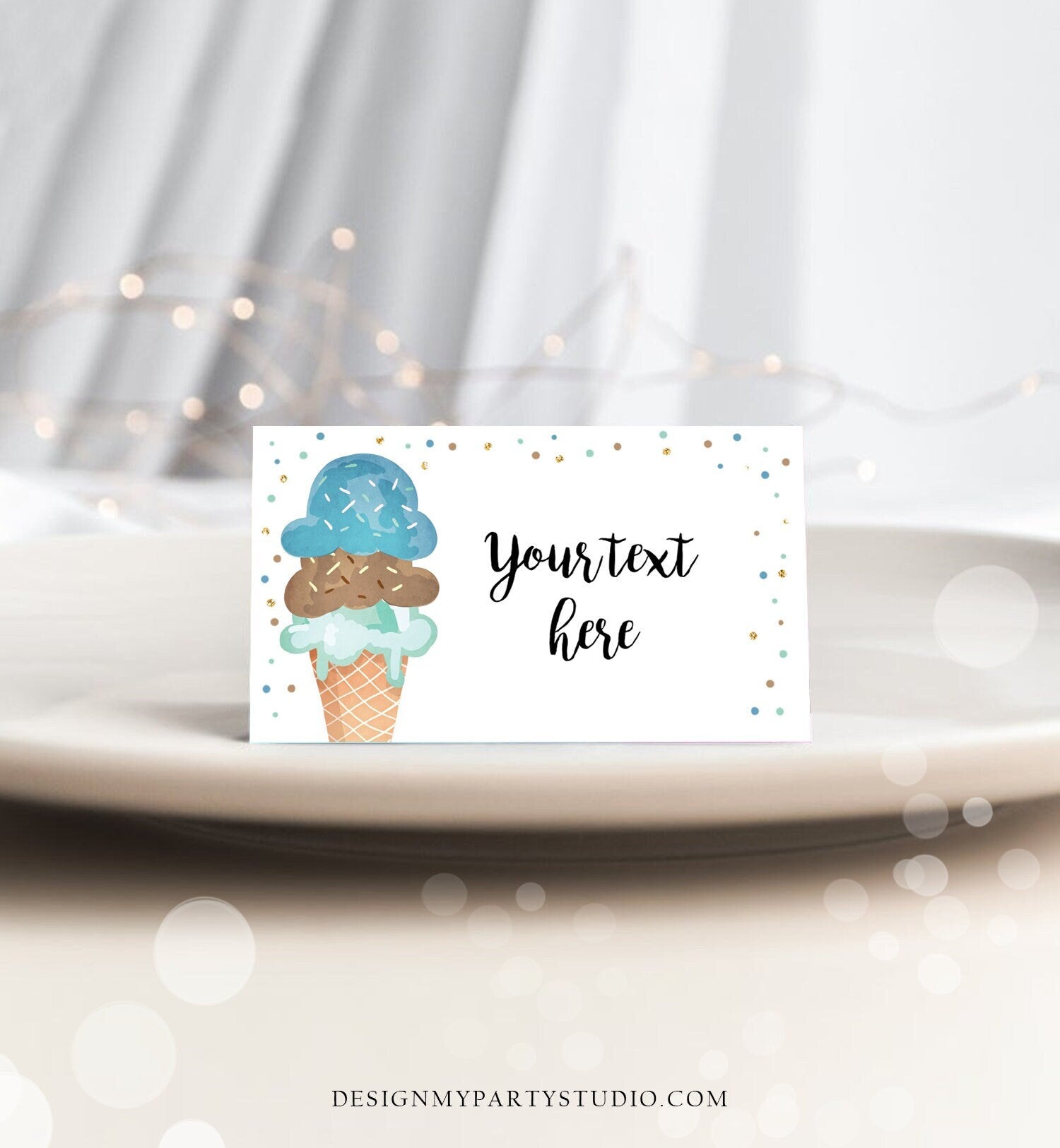 Editable Ice Cream Food Labels Ice Cream Birthday Food Tent Card Boy Blue Brown Gold Scoop Buffet Label Tent Card Template Printable 0243