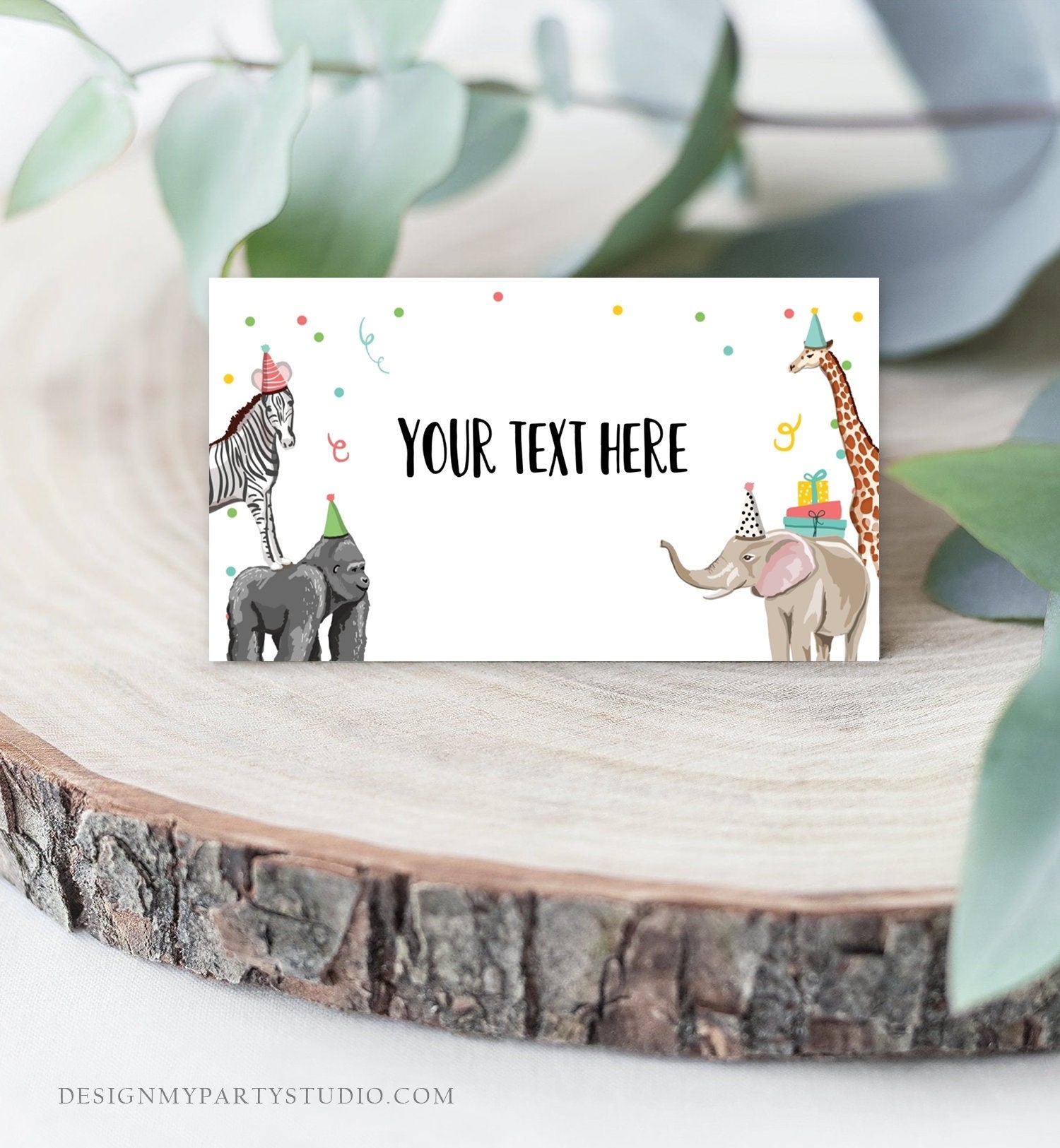 Editable Party Animals Food Label Zebra Gorilla Giraffe Elephant Birthday Place Card Tent Card Shower Neutral Printable Template 0142