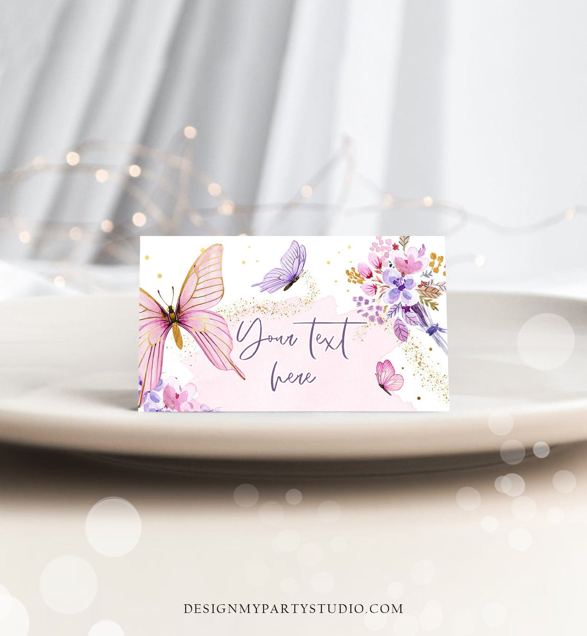 Editable Butterfly Food Labels Floral Butterfly Birthday Food Cards Tent Card Girl Pink Purple Buffet Label Tent Template Printable 0437