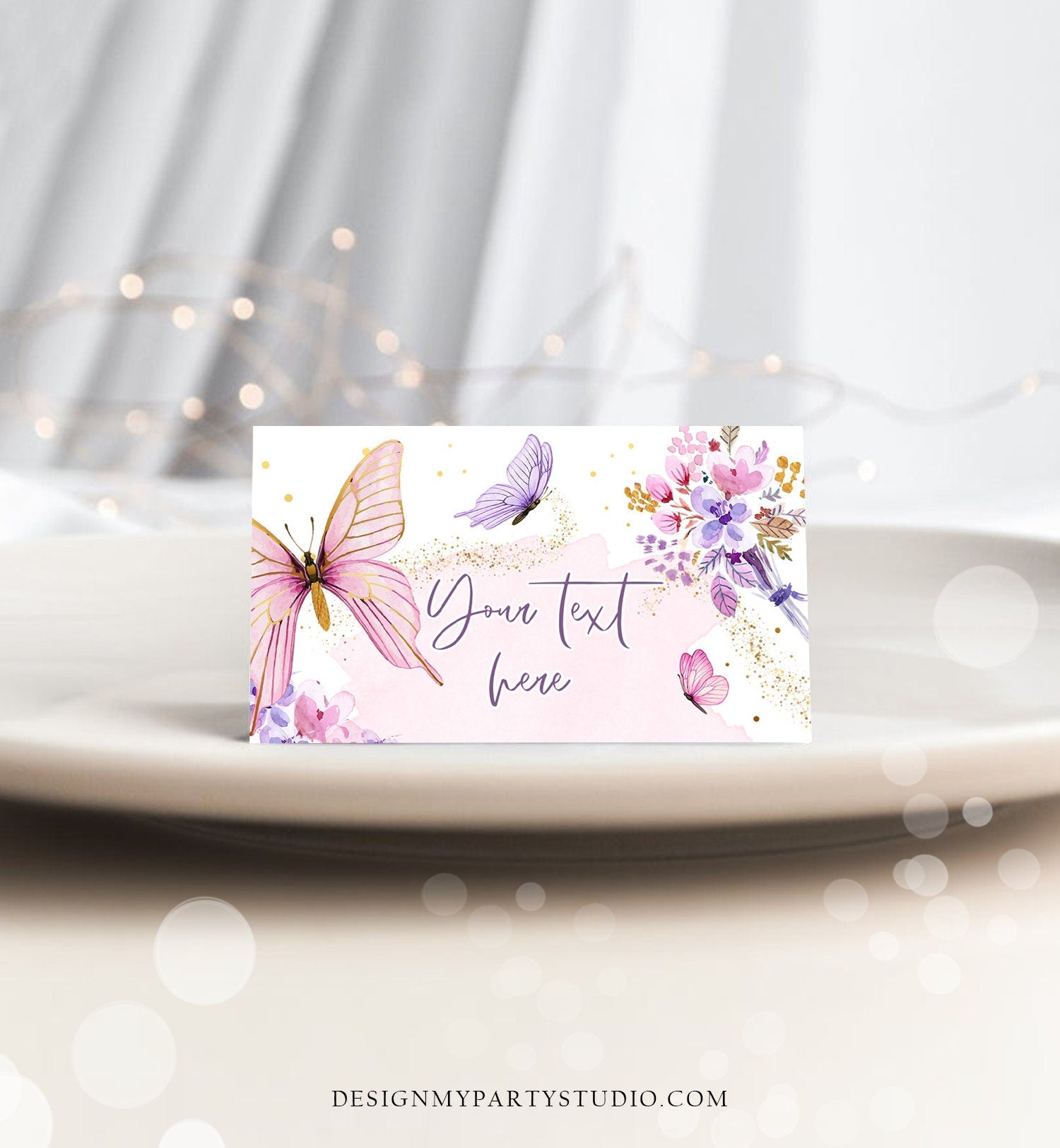 Editable Butterfly Food Labels Floral Butterfly Birthday Food Cards Tent Card Girl Pink Purple Buffet Label Tent Template Printable 0437