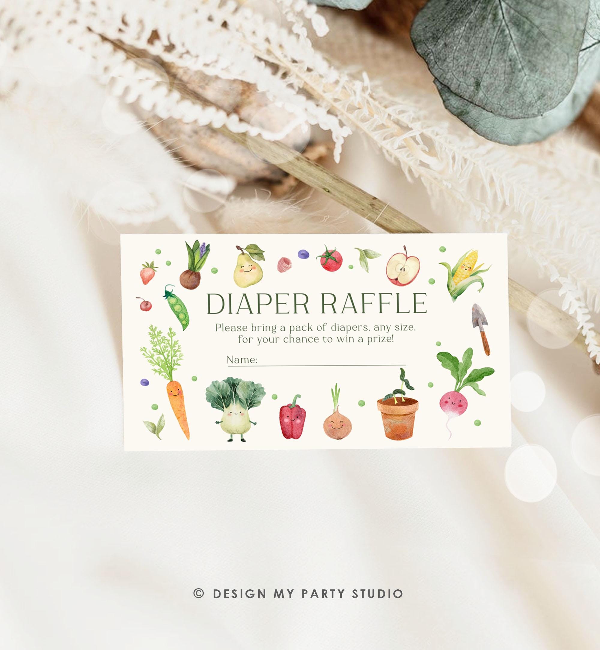 Editable Little Sprout Diaper Raffle Ticket Locally Grown Baby ShowerFarmers Market Vegetables Fruits Digital Template Printable 0544