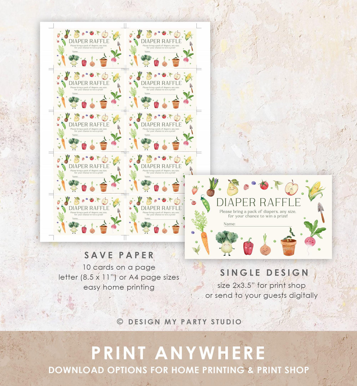 Editable Little Sprout Diaper Raffle Ticket Locally Grown Baby ShowerFarmers Market Vegetables Fruits Digital Template Printable 0544