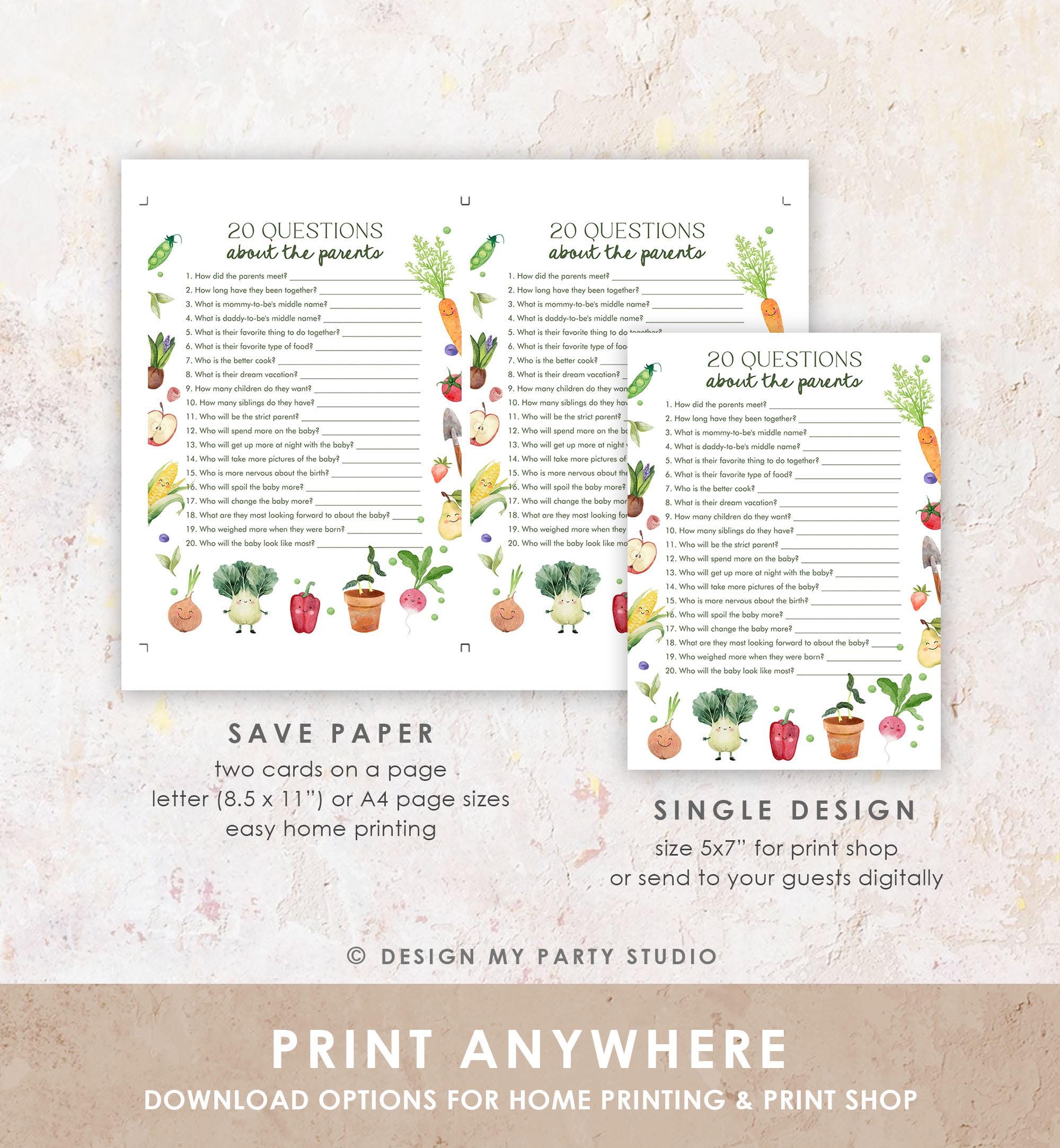 Editable Questions About the Parents Locally Grown Baby Shower Game Little Sprout Farmers Market Vegetables Digital Template Printable 0544