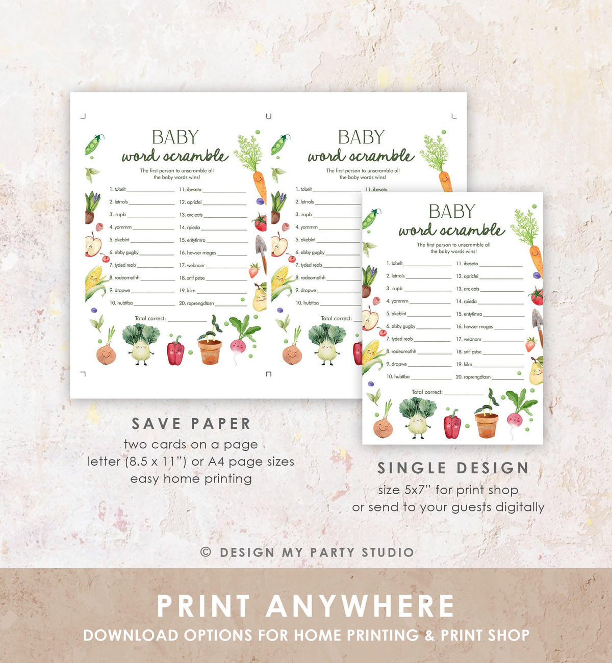 Editable Baby Word Scramble Game Card Little Sprout Baby Shower Game Guess Game Farmers Market Locally Grown Digital Template Printable 0544