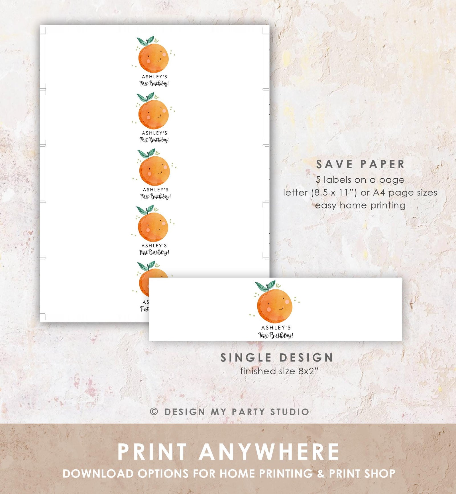 Editable Little Cutie Water Bottle Label First Birthday Party Baby Shower Clementine Cuties Orange Digital Download Template Printable 0330