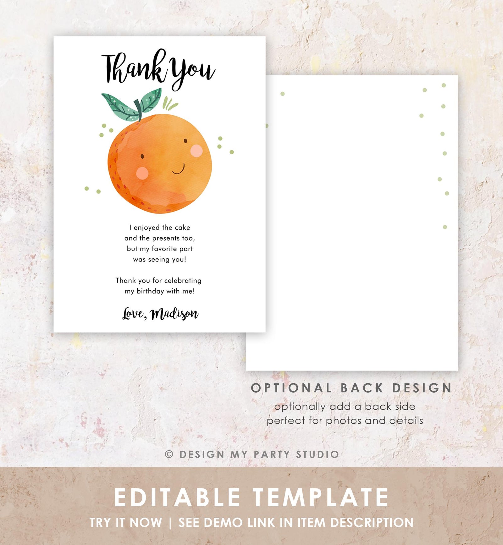 Editable Little Cutie Thank You Card Birthday Baby Shower Clementine Orange Thank You Coed Shower Digital Download Template Printable 0330
