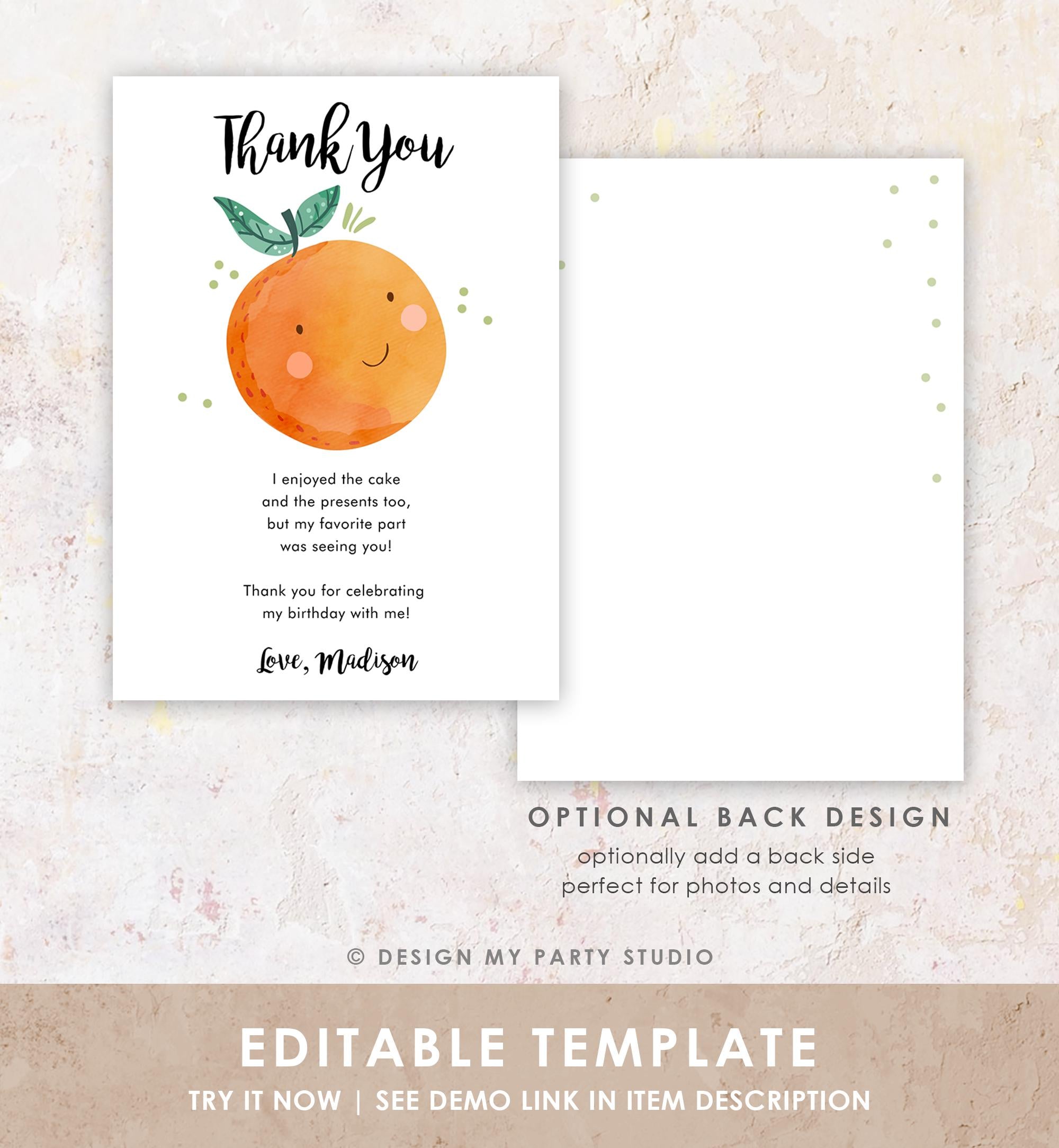 Editable Little Cutie Thank You Card Birthday Baby Shower Clementine Orange Thank You Coed Shower Digital Download Template Printable 0330