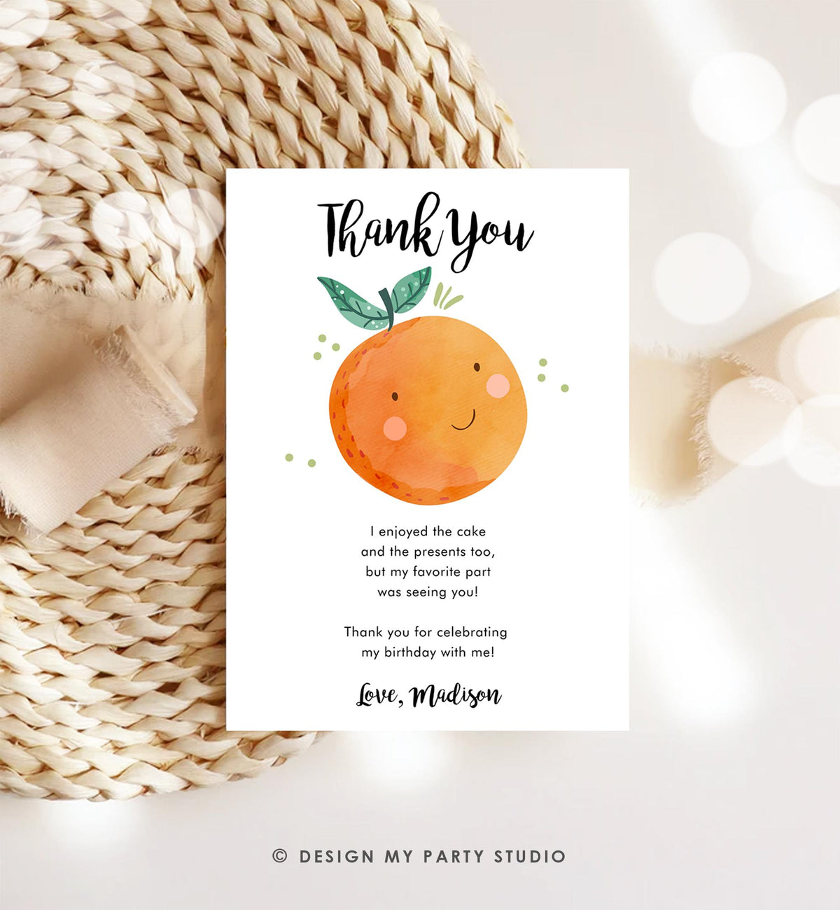Editable Little Cutie Thank You Card Birthday Baby Shower Clementine Orange Thank You Coed Shower Digital Download Template Printable 0330