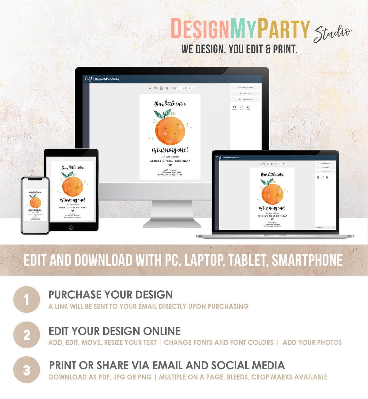 Editable Little Cutie Birthday Invitation Clementine Oranges Party Boy Girl Orange Citrus Digital Download Evite Template Printable 0330