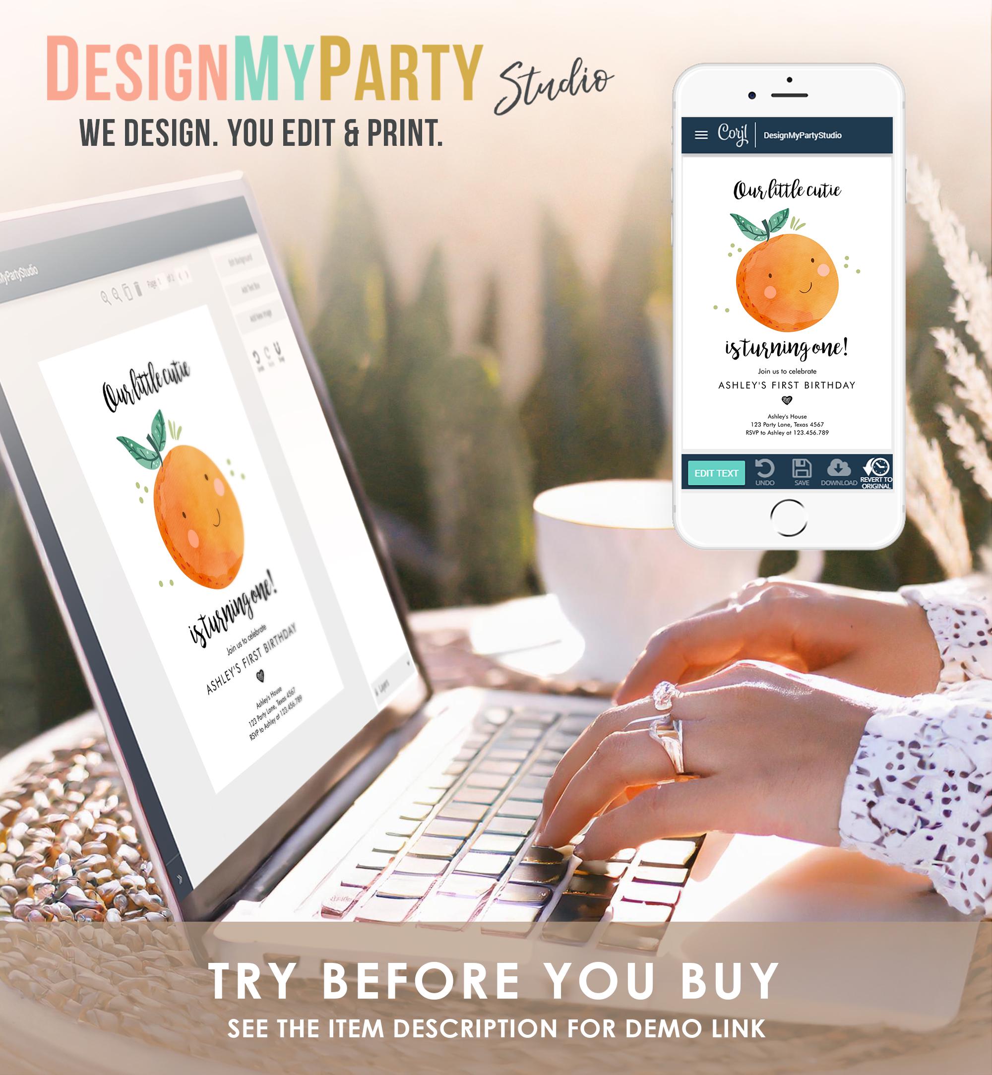 Editable Little Cutie Birthday Invitation Clementine Oranges Party Boy Girl Orange Citrus Digital Download Evite Template Printable 0330