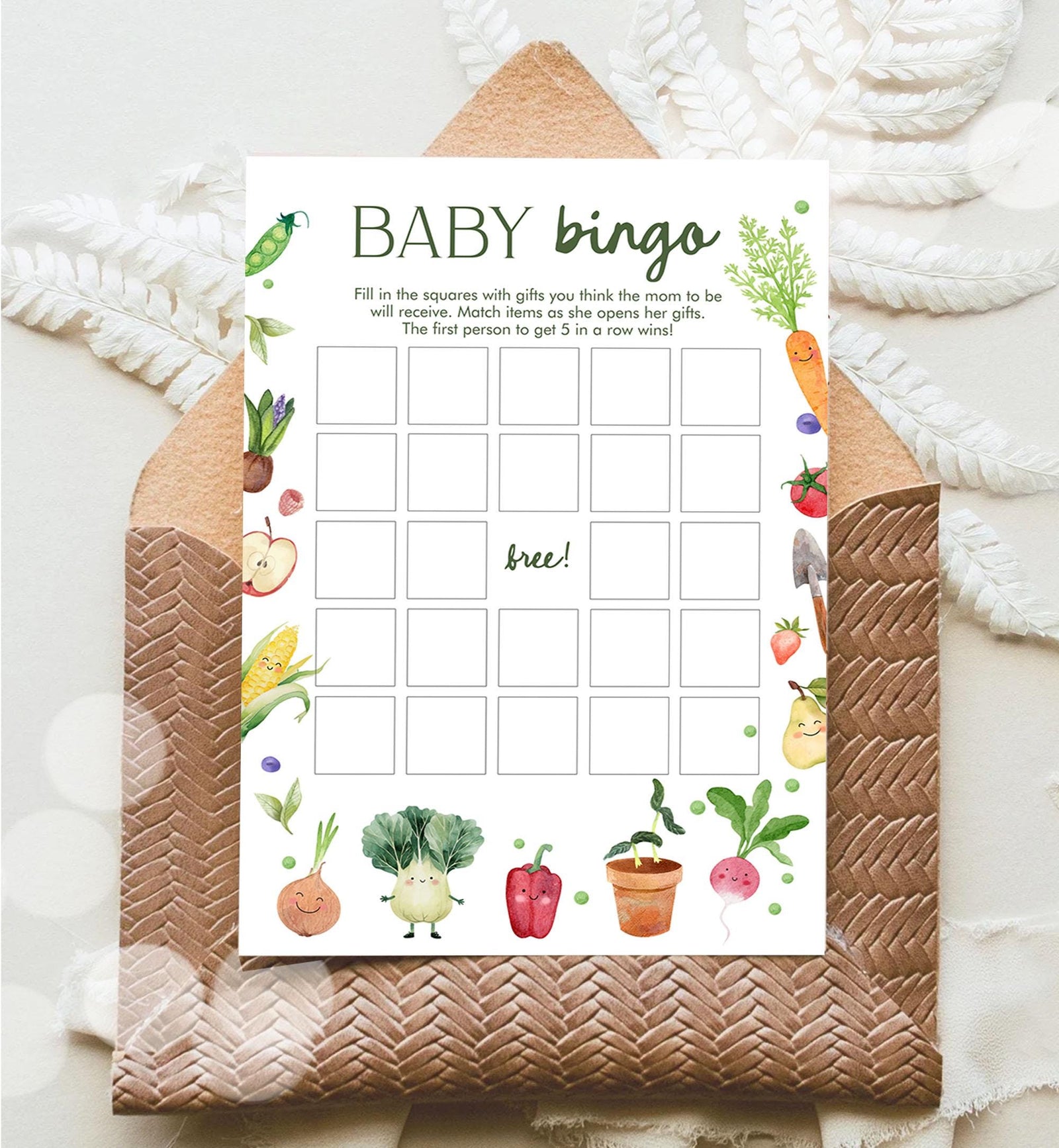 Editable Baby Bingo Baby Shower Game Card Little Sprout Farmers Market Gender Neutral Locally Grown Digital Download Template Printable 0544