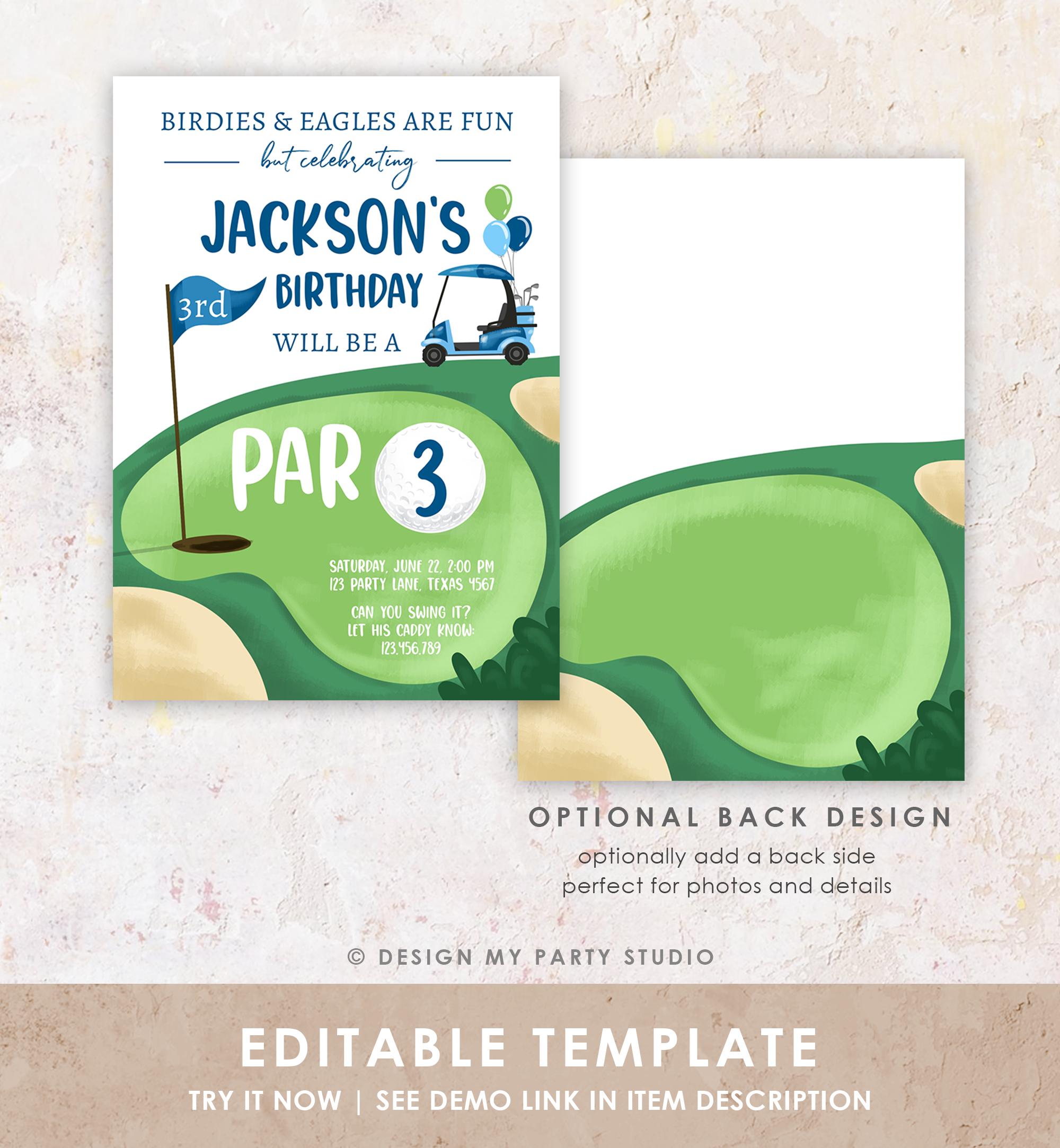 Editable Par 3 Birthday Invitation Golf 3rd Third Birthday Par-tee Golf Invite Boy Golfing Digital Download Evite Template Printable 0405