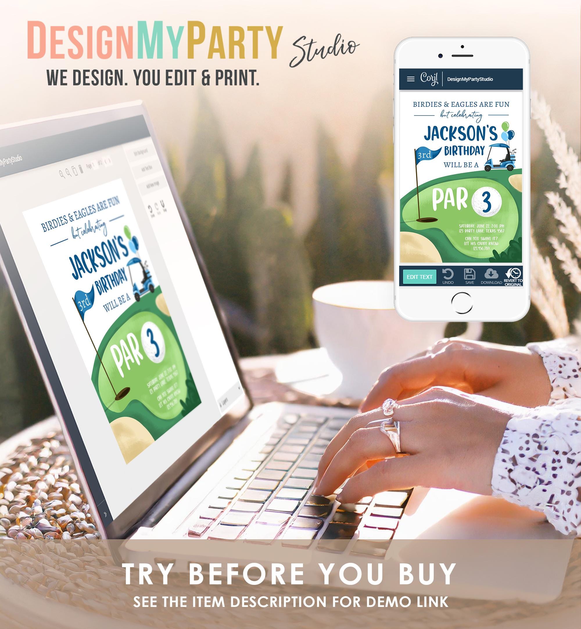 Editable Par 3 Birthday Invitation Golf 3rd Third Birthday Par-tee Golf Invite Boy Golfing Digital Download Evite Template Printable 0405