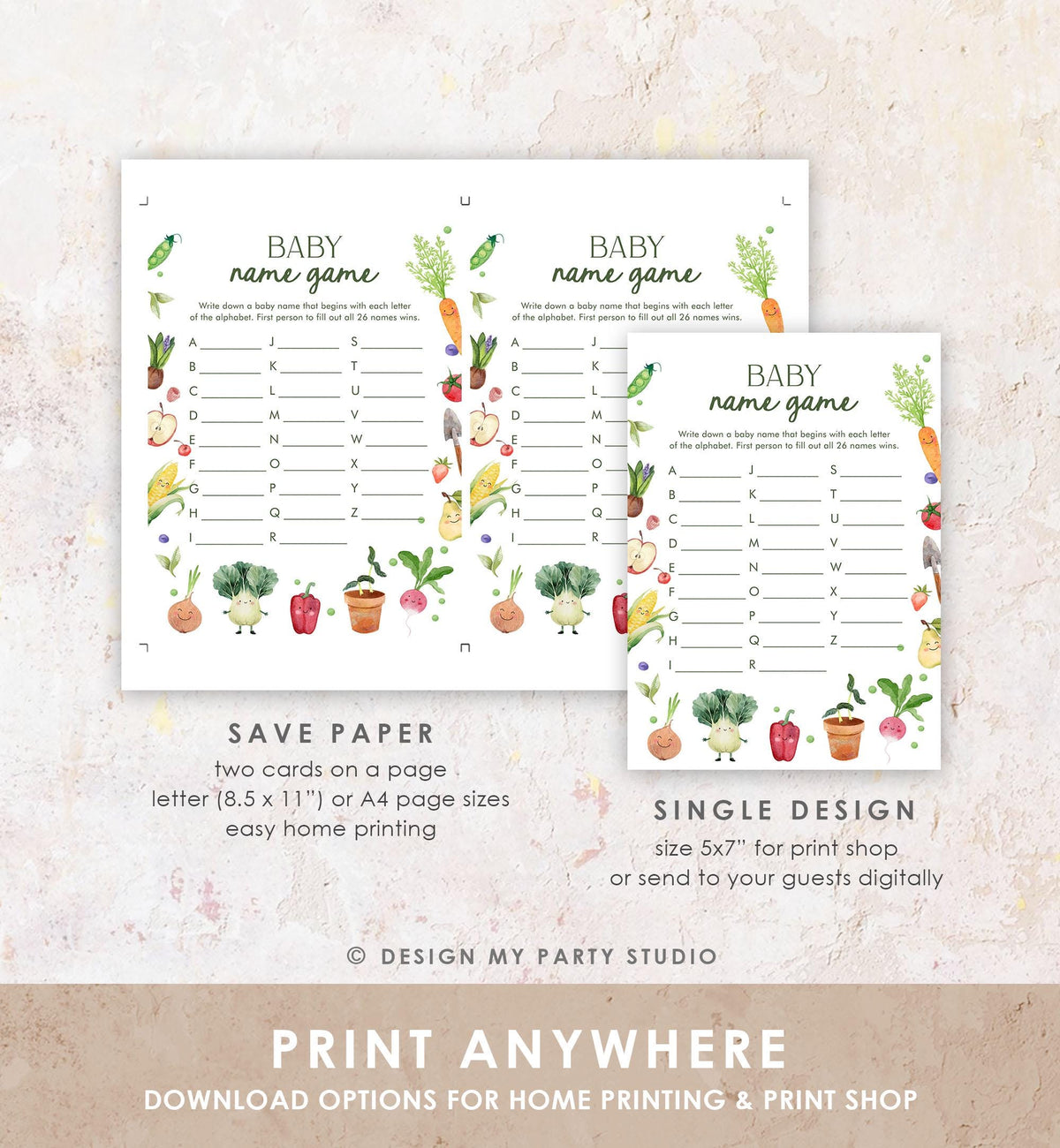 Editable Baby Name Game Baby Shower Game Card Name Race Little Sprout Farmers Market Locally Grown Digital Download Template Printable 0544