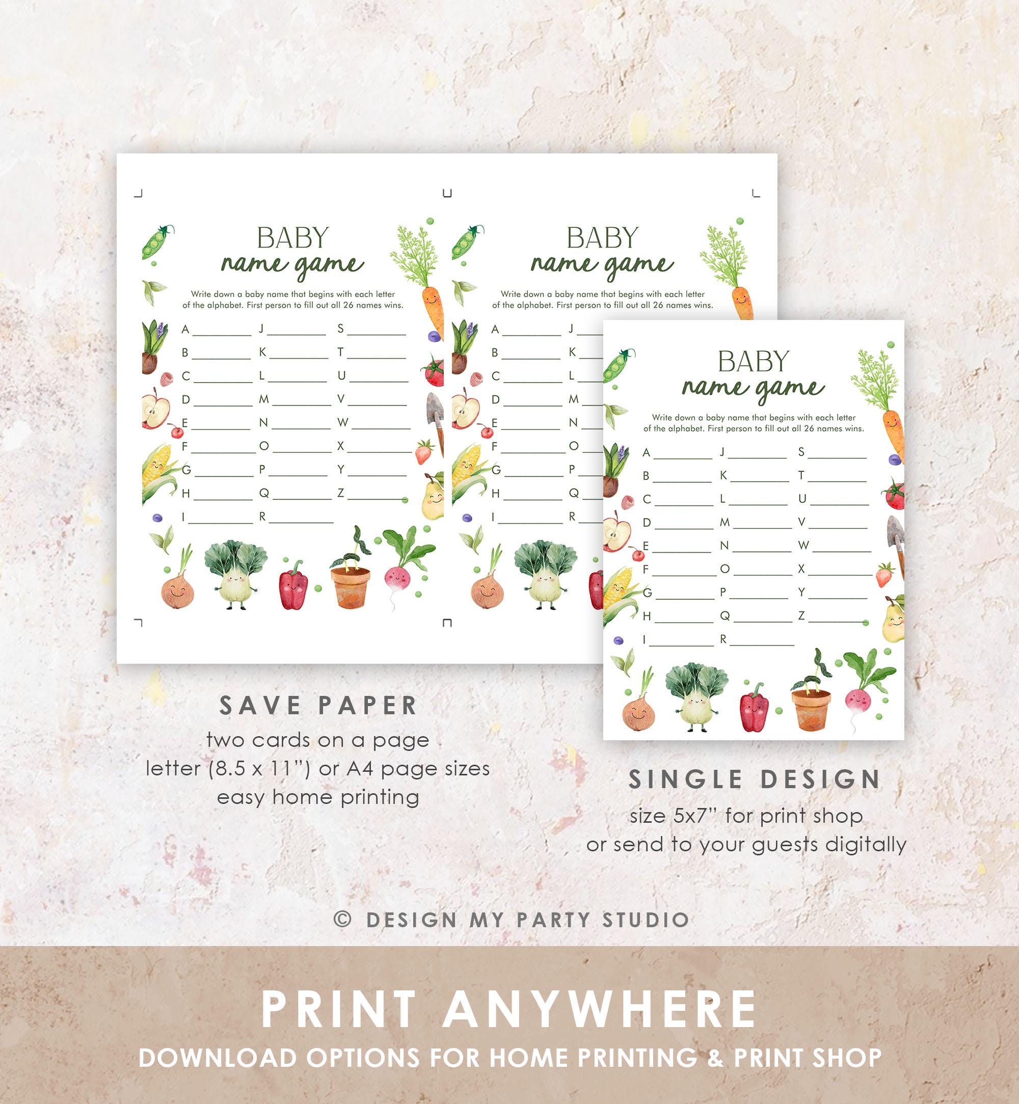 Editable Baby Name Game Baby Shower Game Card Name Race Little Sprout Farmers Market Locally Grown Digital Download Template Printable 0544